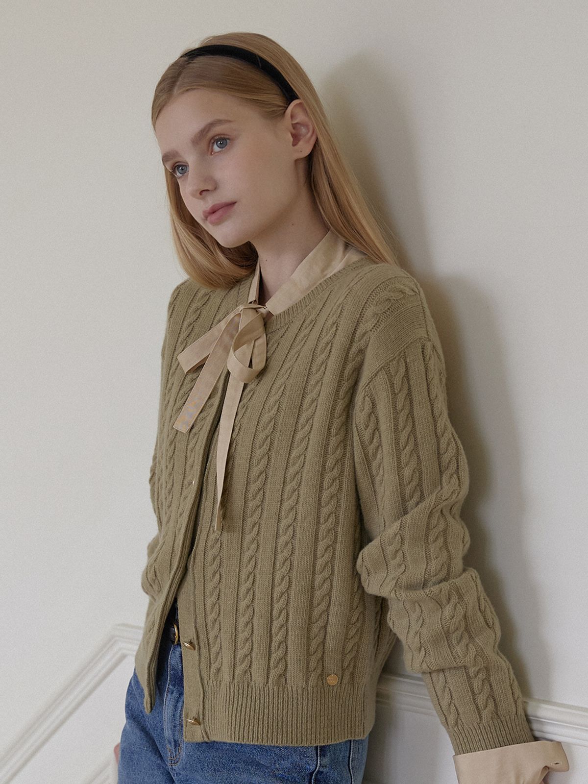 논로컬(NONLOCAL) Wool Cable Knit Cardigan - Olive Green