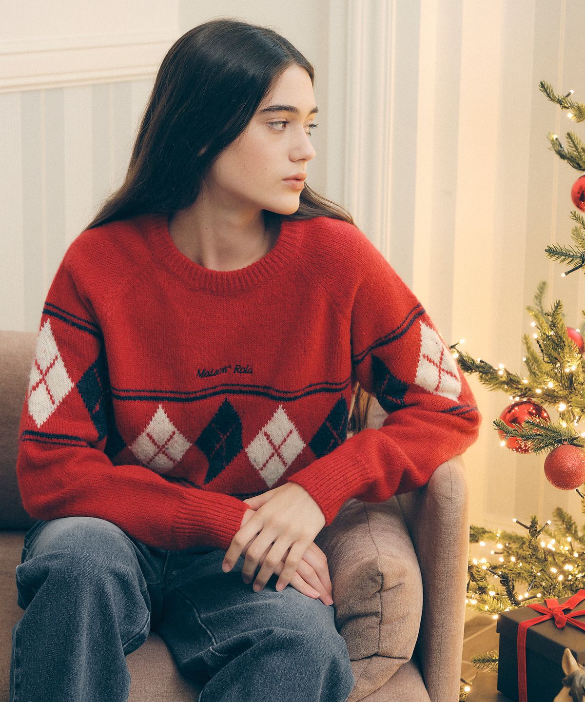 로라로라(ROLAROLA) ARGYLE KNIT PULLOVER RED