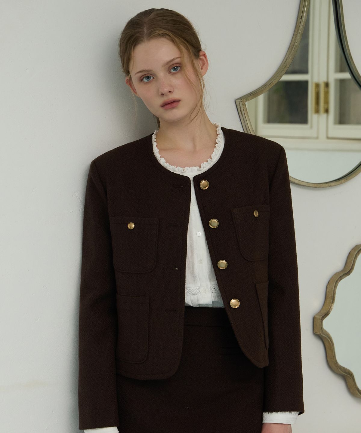 논로컬(NONLOCAL) Jane Tweed Goldish Jacket - Brown