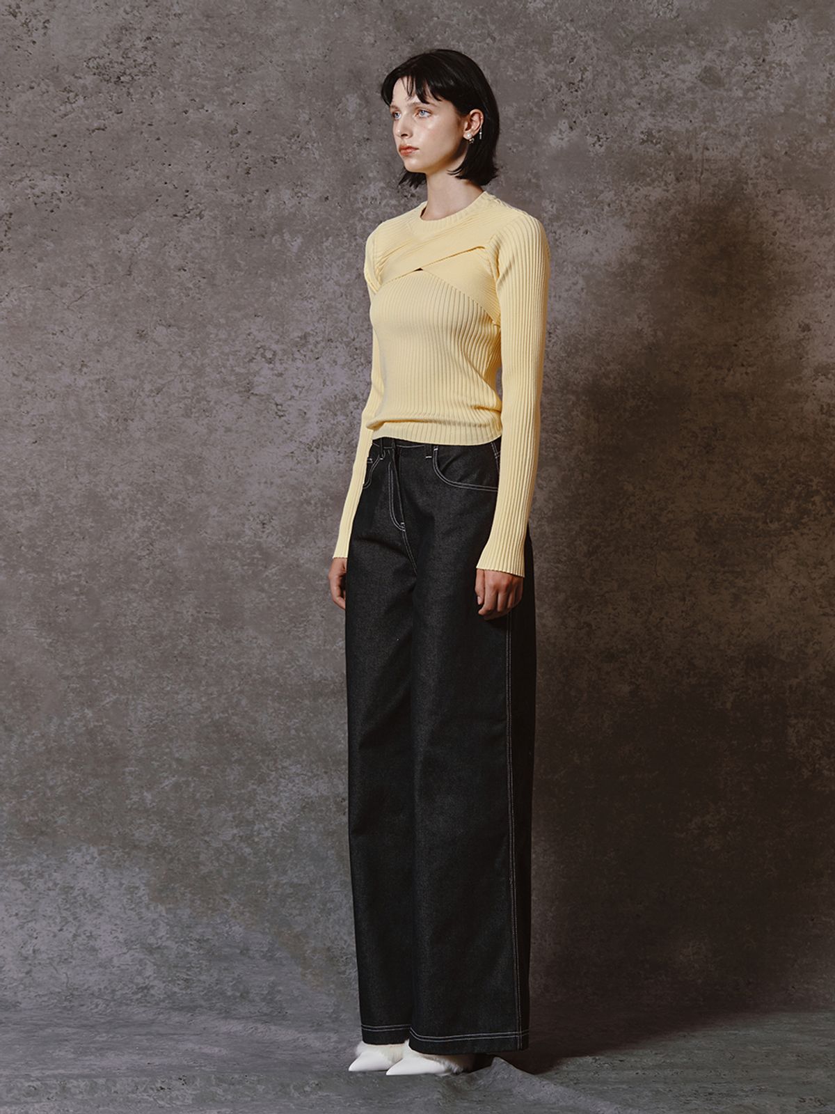 민더리(MEENDERI) CROSS RIBBED BOLERO TOP - LEMON