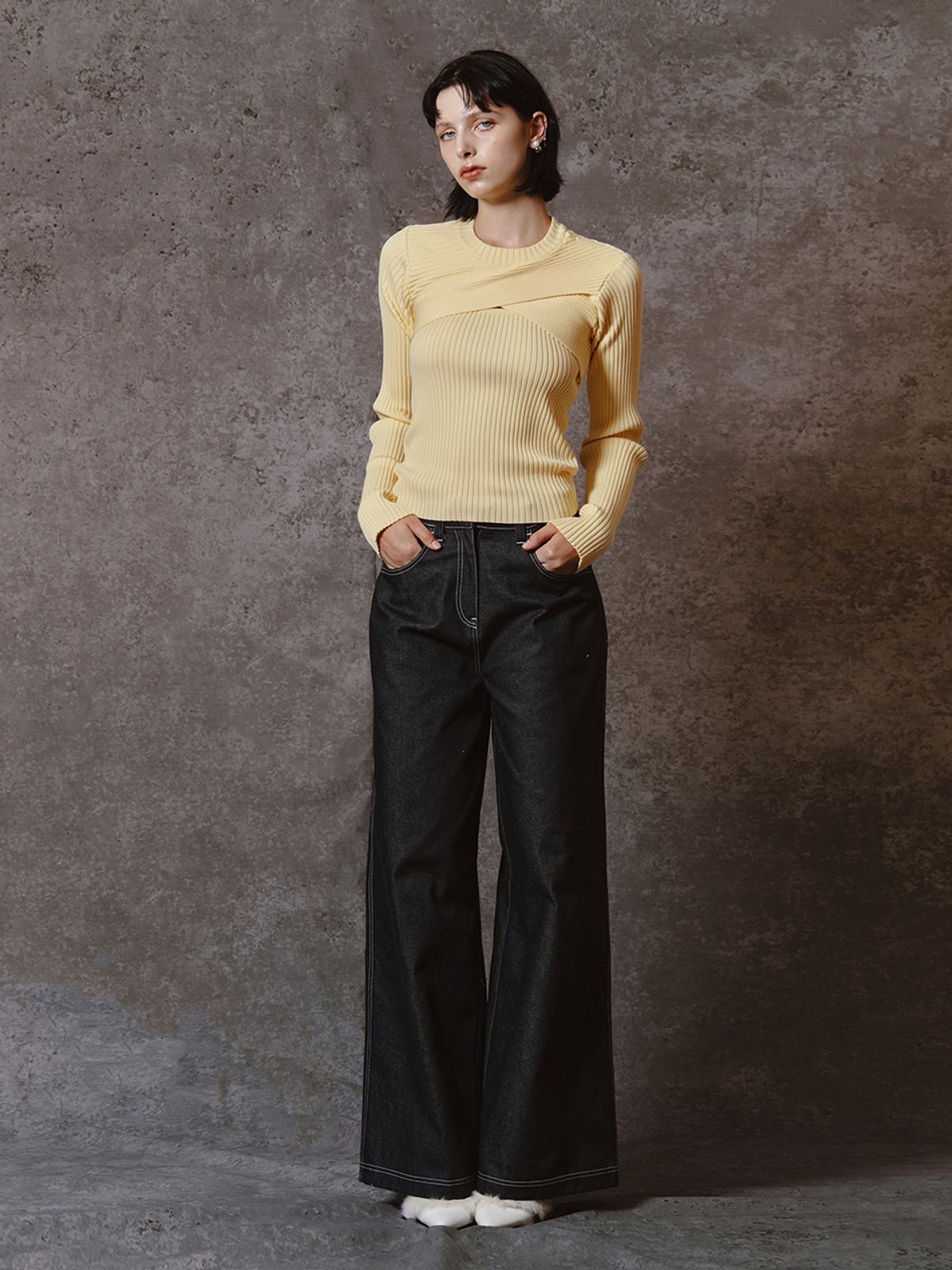 민더리(MEENDERI) CROSS RIBBED BOLERO TOP - LEMON