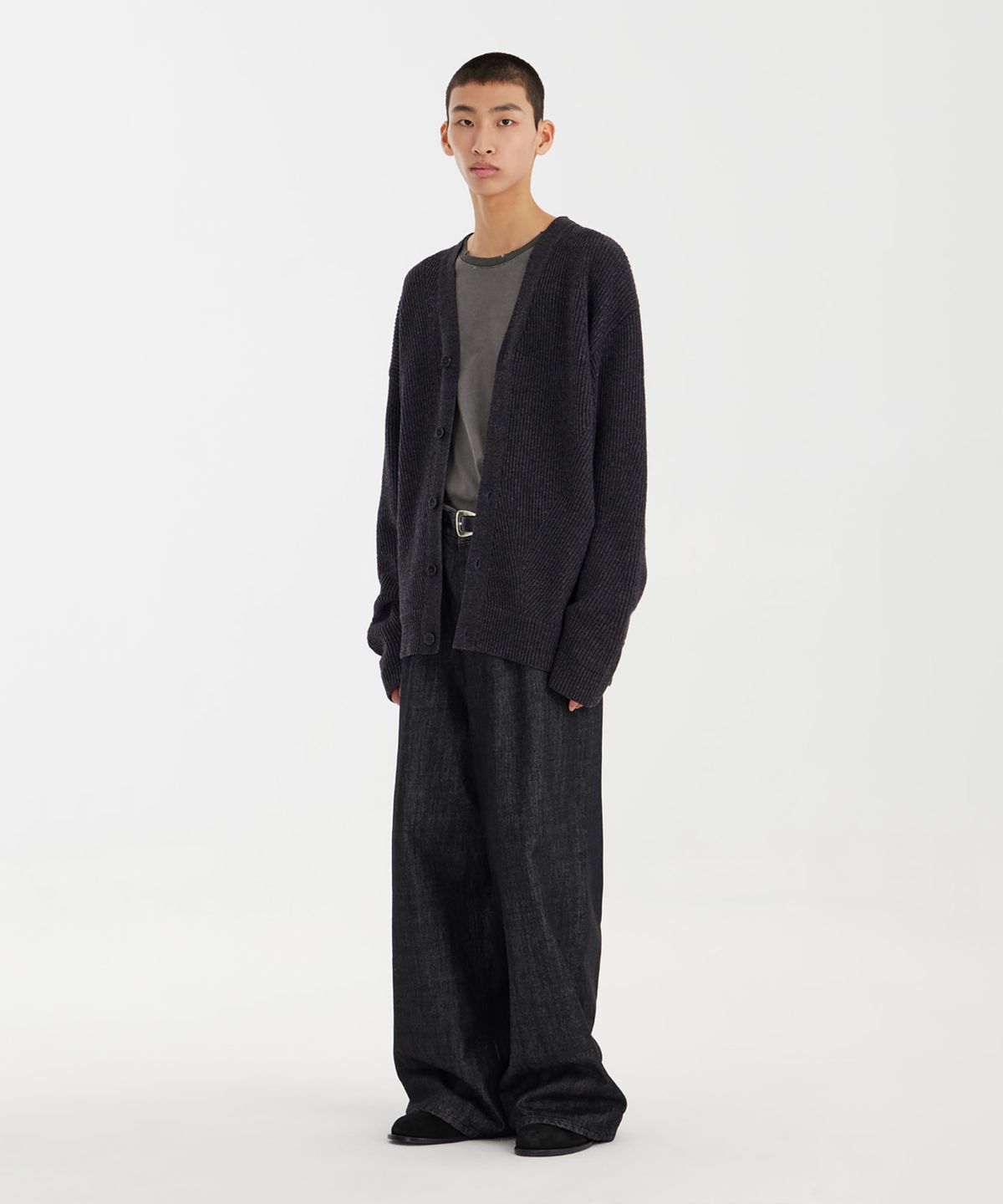 유스(YOUTH) Oversized Irregular Knit Cardigan - Charcoal Grey