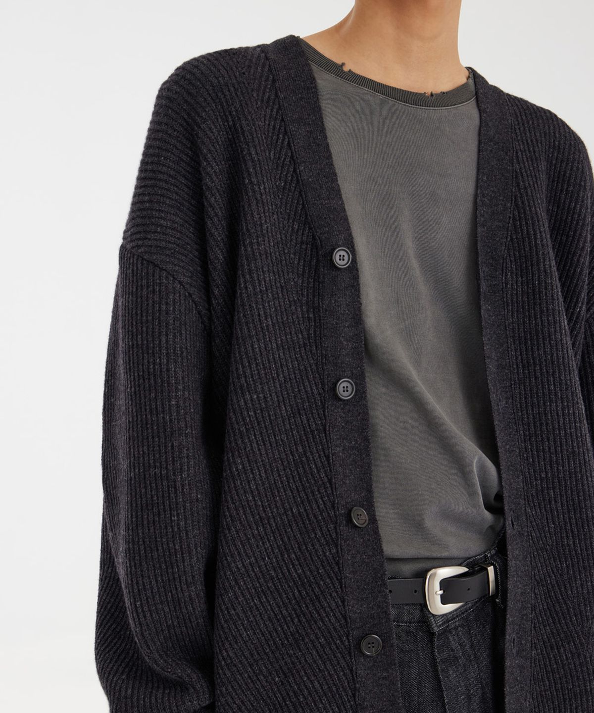유스(YOUTH) Oversized Irregular Knit Cardigan - Charcoal Grey