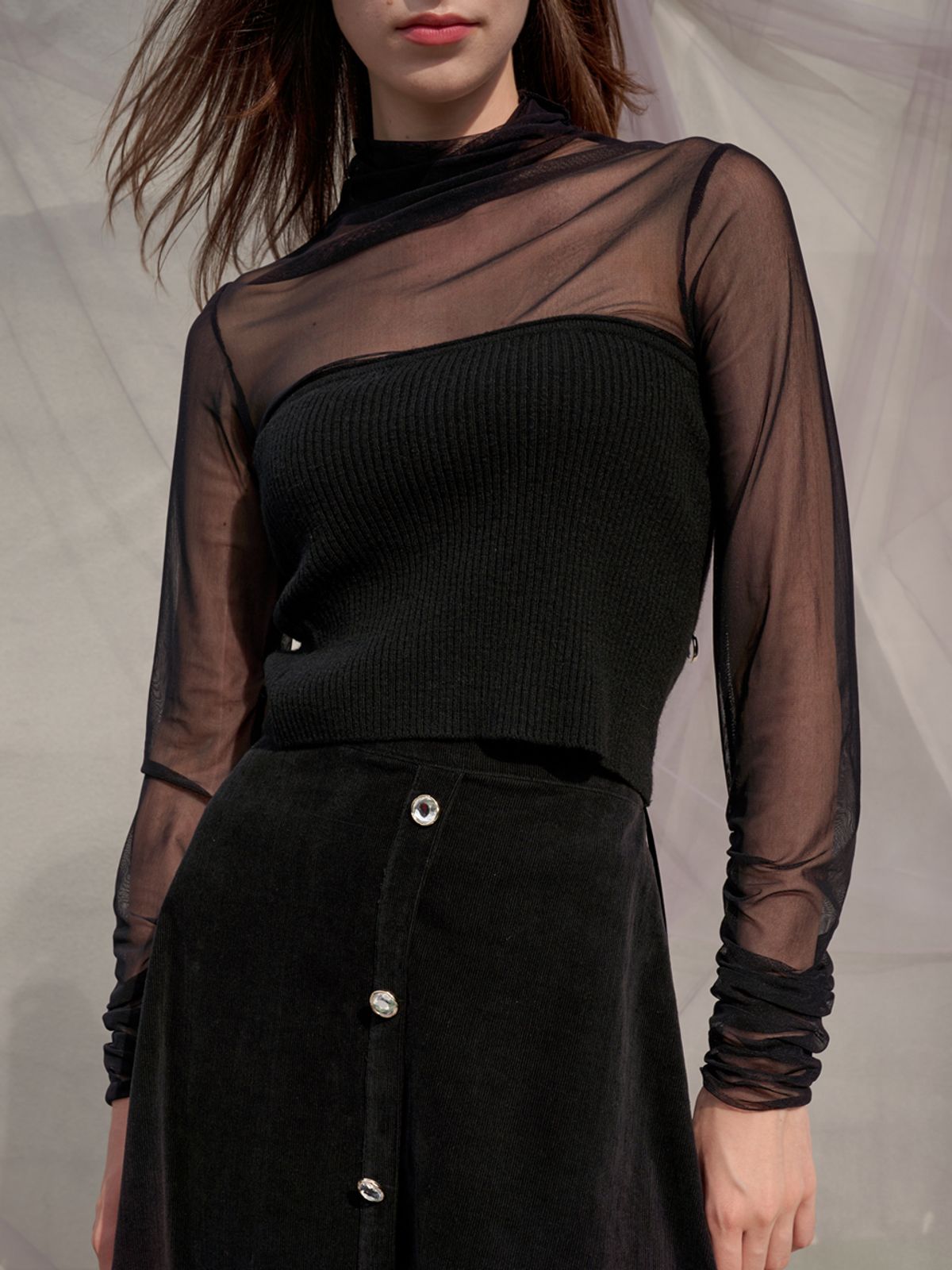 쏘리, 투 머치 러브(SORRY, TOO MUCH LOVE) Sleeve Shirring See Through Turtleneck Top_Black