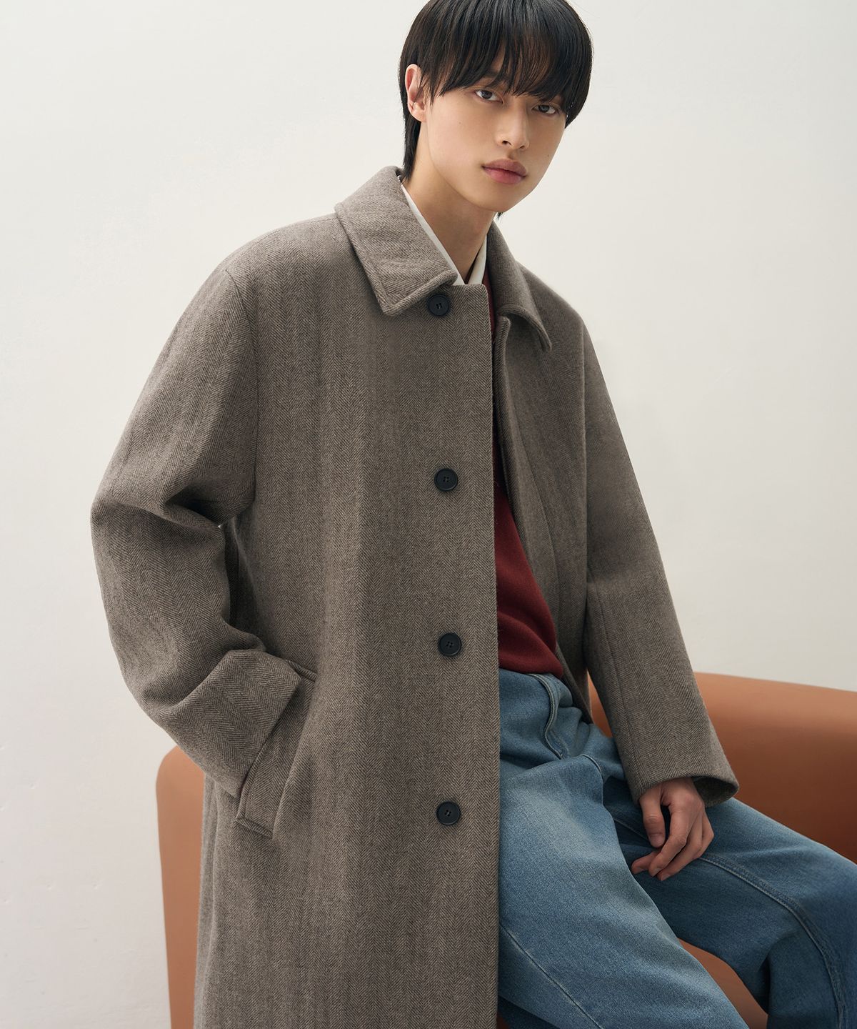 드로우핏(DRAW FIT) 헤링본 체크 울 발마칸 코트 [BROWN]