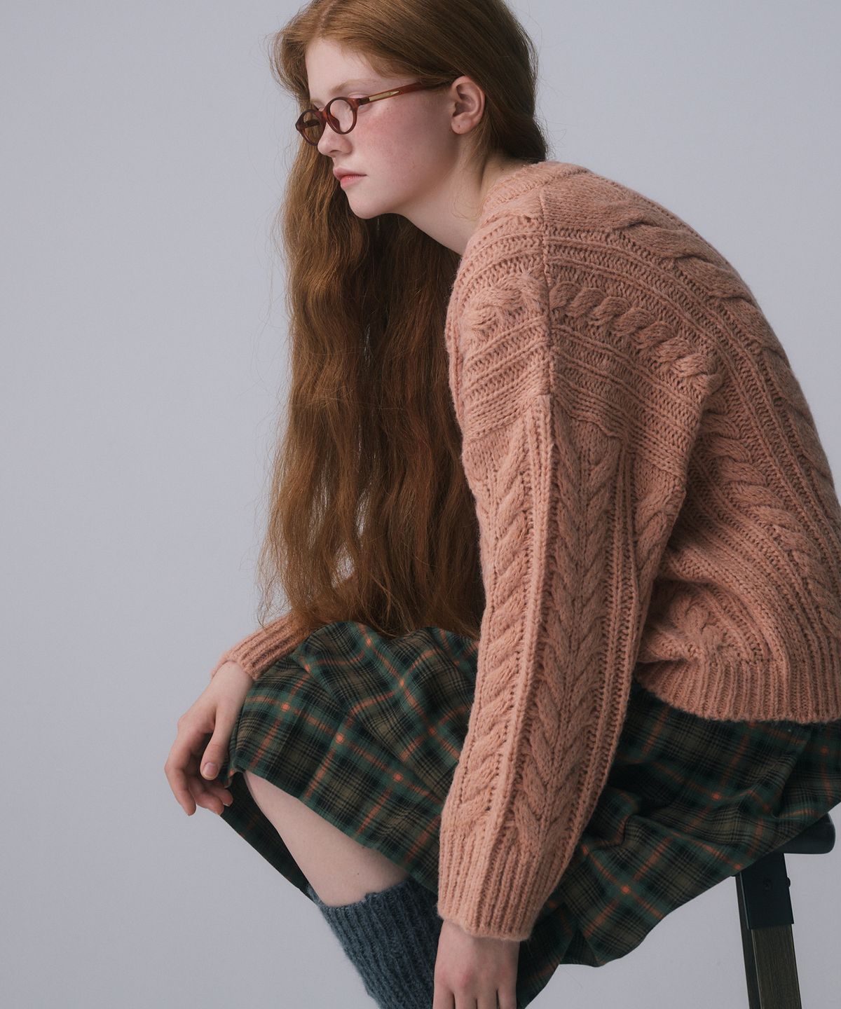 펀프롬펀(FUNFROMFUN) V-NECK CABLE KNIT PULLOVER, APRICOT