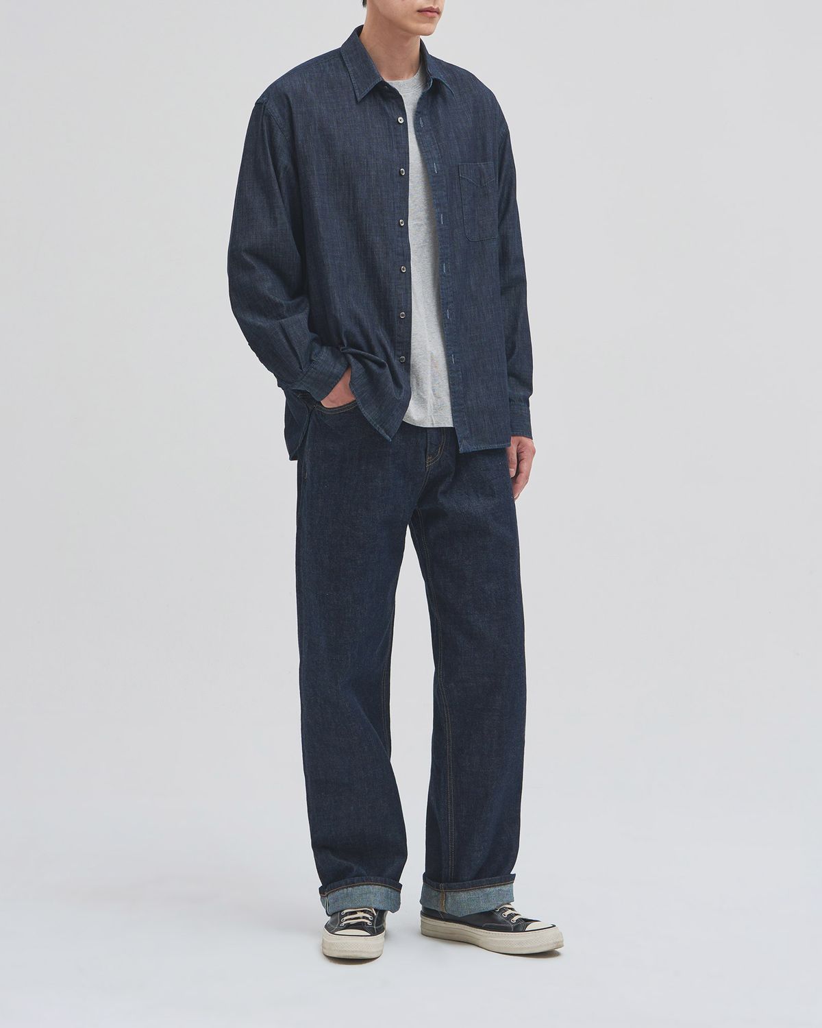 인더로우(INTHERAW) WASHED DENIM SHIRT - BLUE BLACK