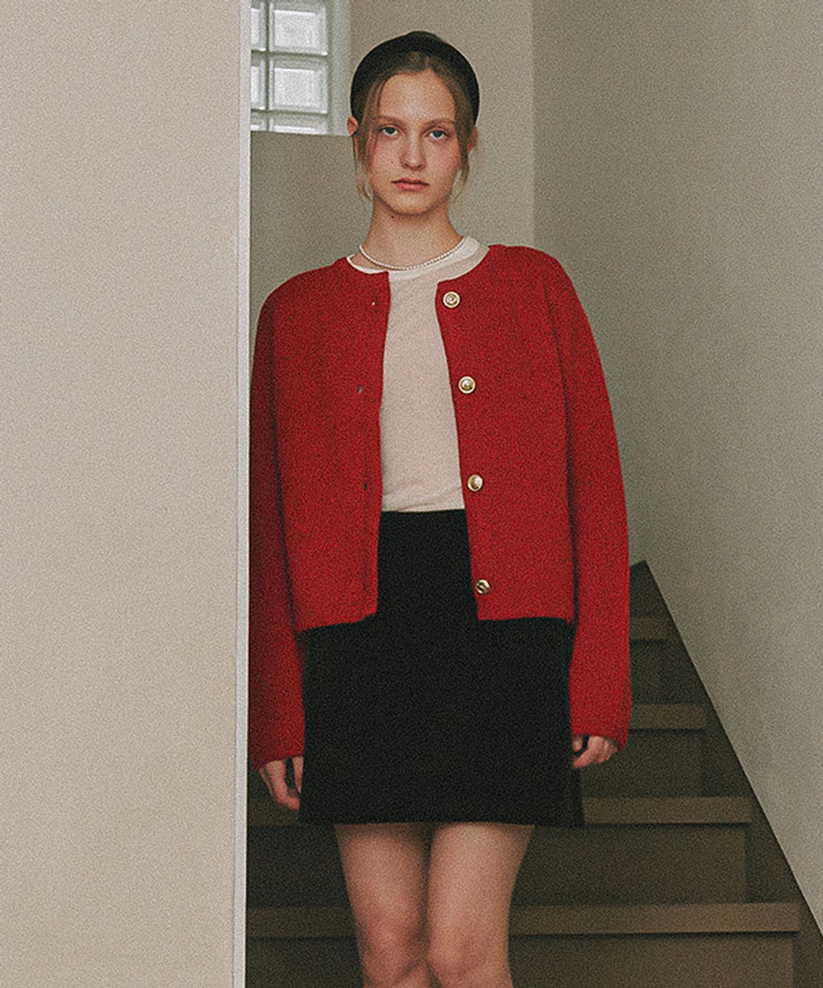 론론(RONRON) TWEED NEP KNIT CARDIGAN RED