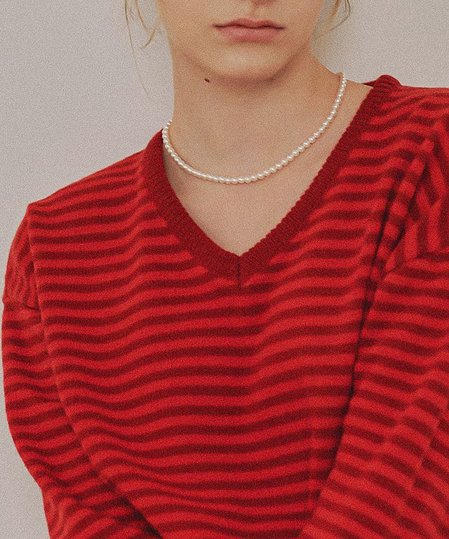 MUSINSA | RONRON STRIPE V NECK LOOSE FIT KNIT RED STRIPE