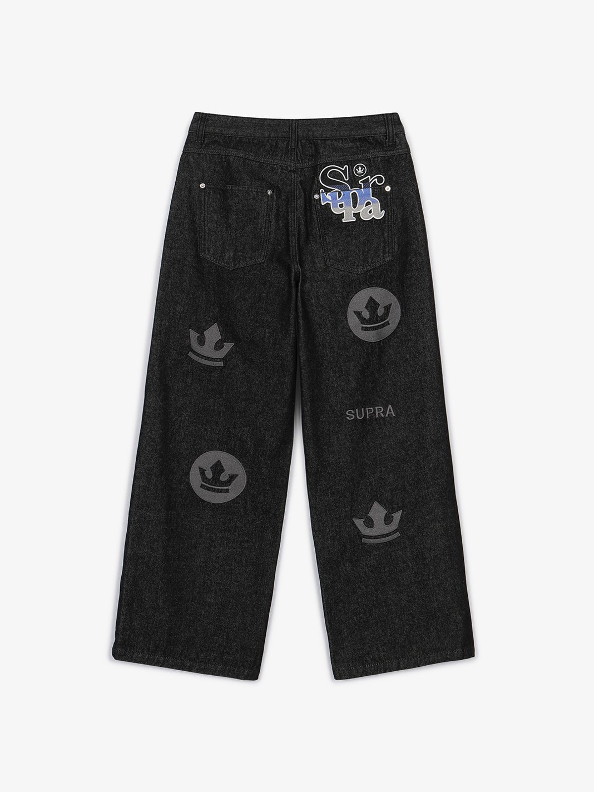 수프라(SUPRA) 여성 메가로고 자수 와이드 데님 팬츠(BLACK)