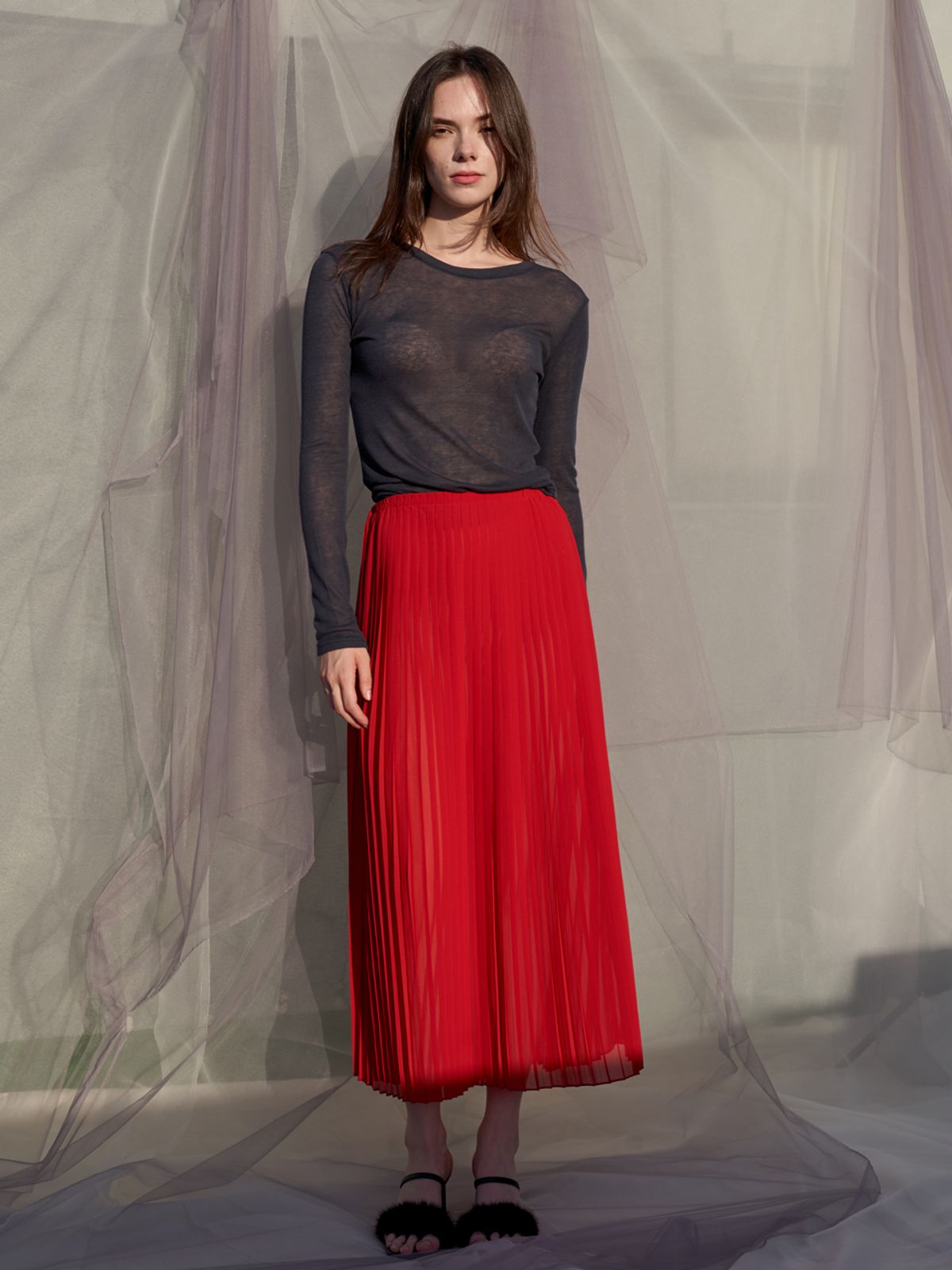쏘리, 투 머치 러브(SORRY, TOO MUCH LOVE) Four Season Pleats Chiffon Skrit_Red