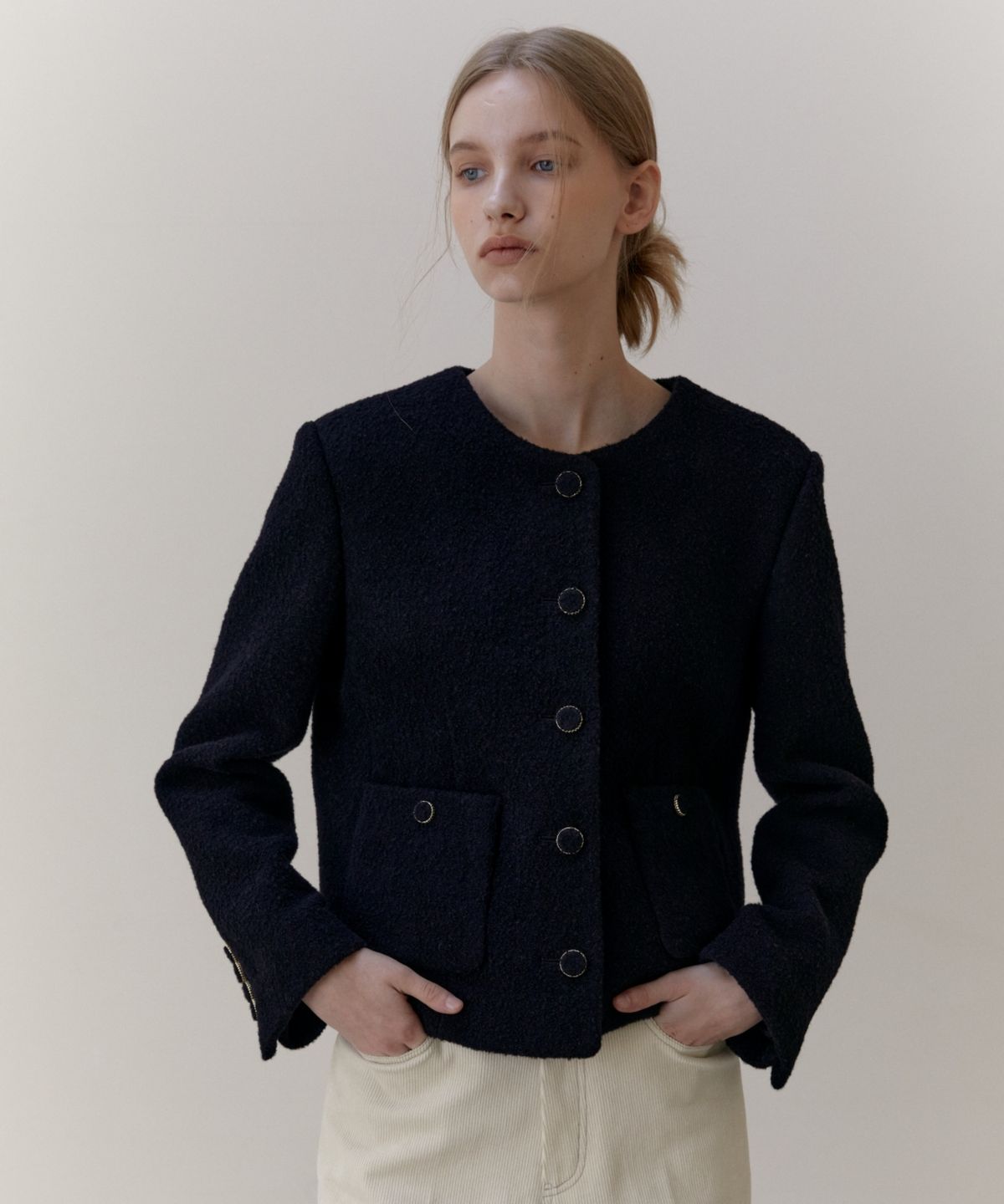 어나우트(UNNOUT) WOOL BOUCLE TWEED JACKET - NAVY