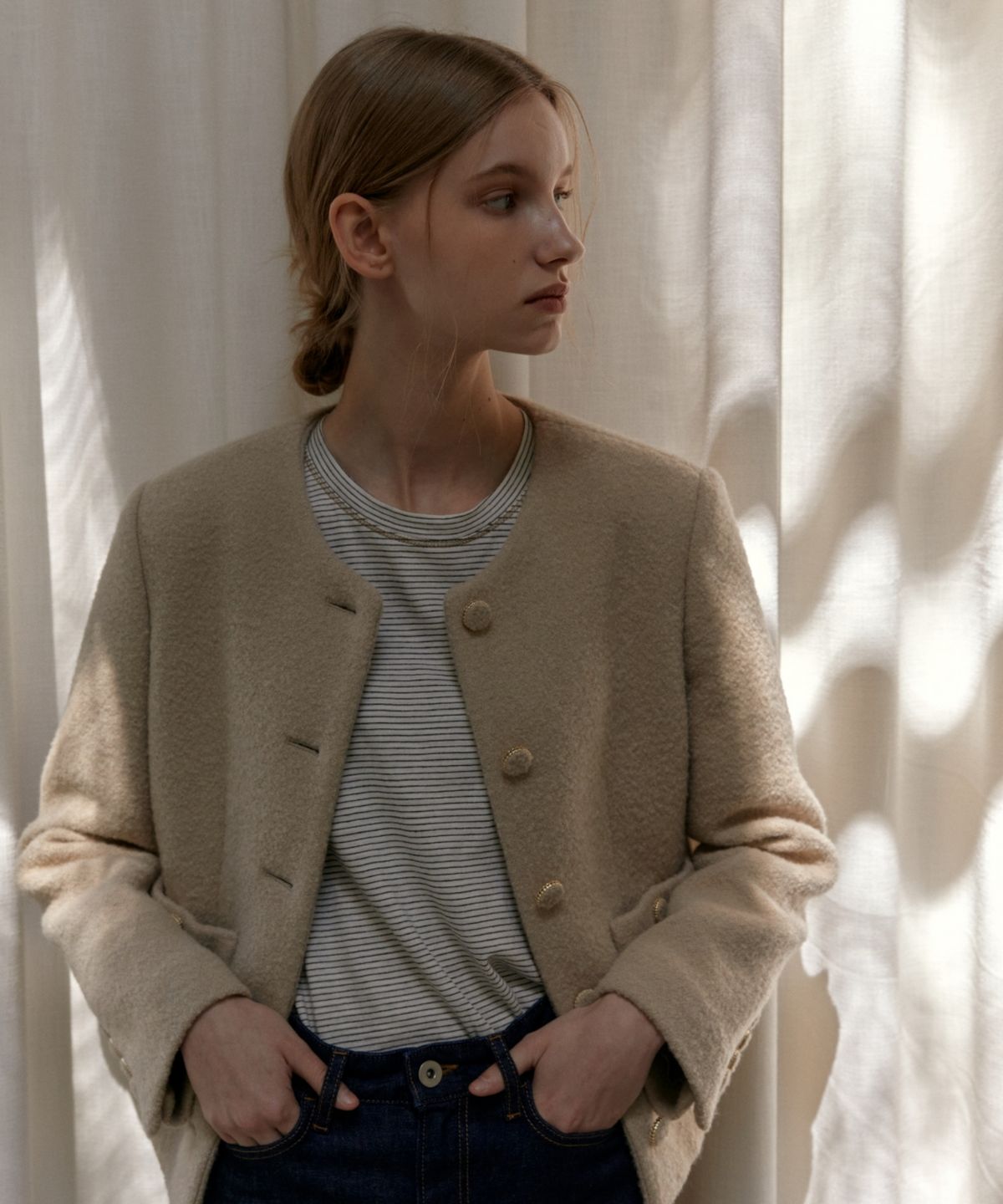 어나우트(UNNOUT) WOOL BOUCLE TWEED JACKET - BEIGE