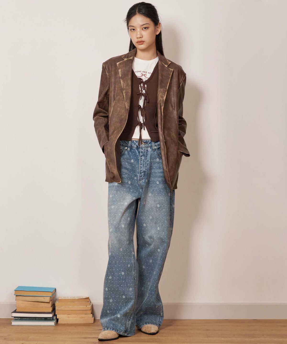 라츠유(LOTSYOU) Muse Faux Leather Jacket Brown
