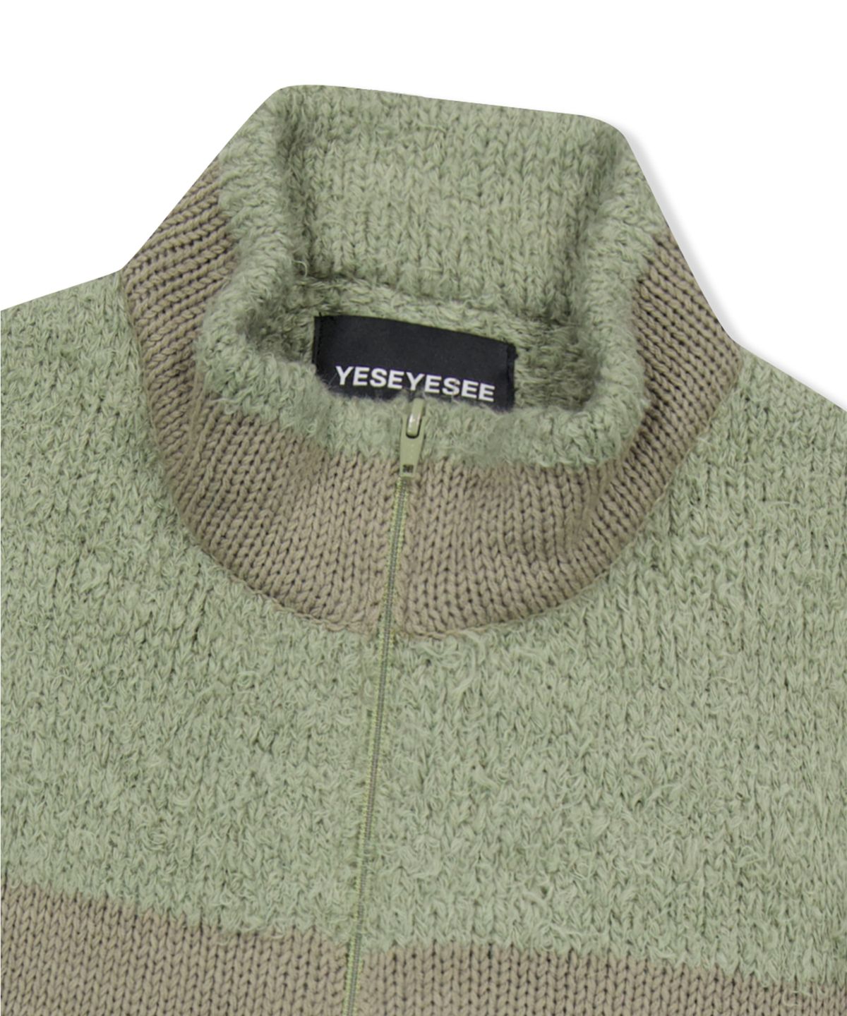 예스아이씨(YESEYESEE) Y.E.S Stripe Zip-up Knit Cardigan Sage Green
