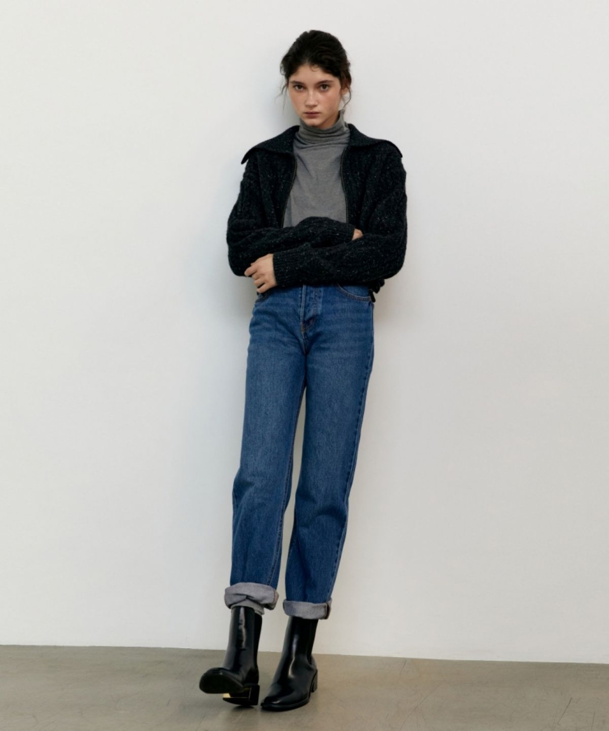 어나우트(UNNOUT) CABLE ZIP UP WOOL KNIT CARDIGAN - BLACK