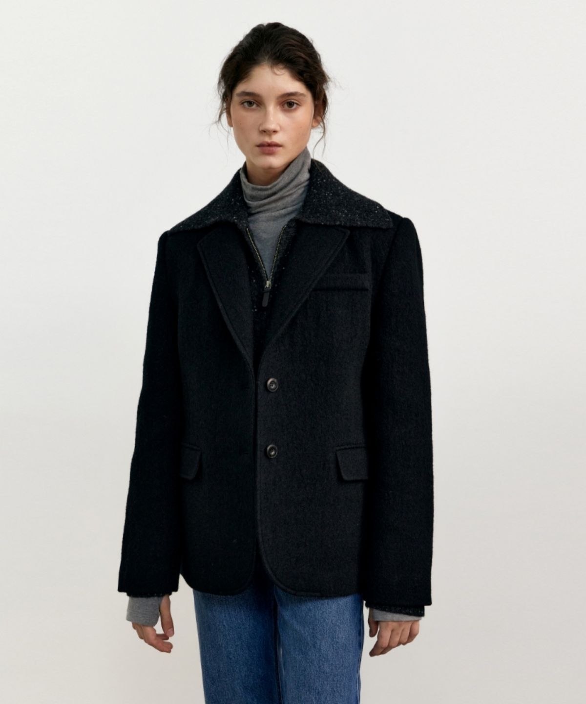 어나우트(UNNOUT) CABLE ZIP UP WOOL KNIT CARDIGAN - BLACK