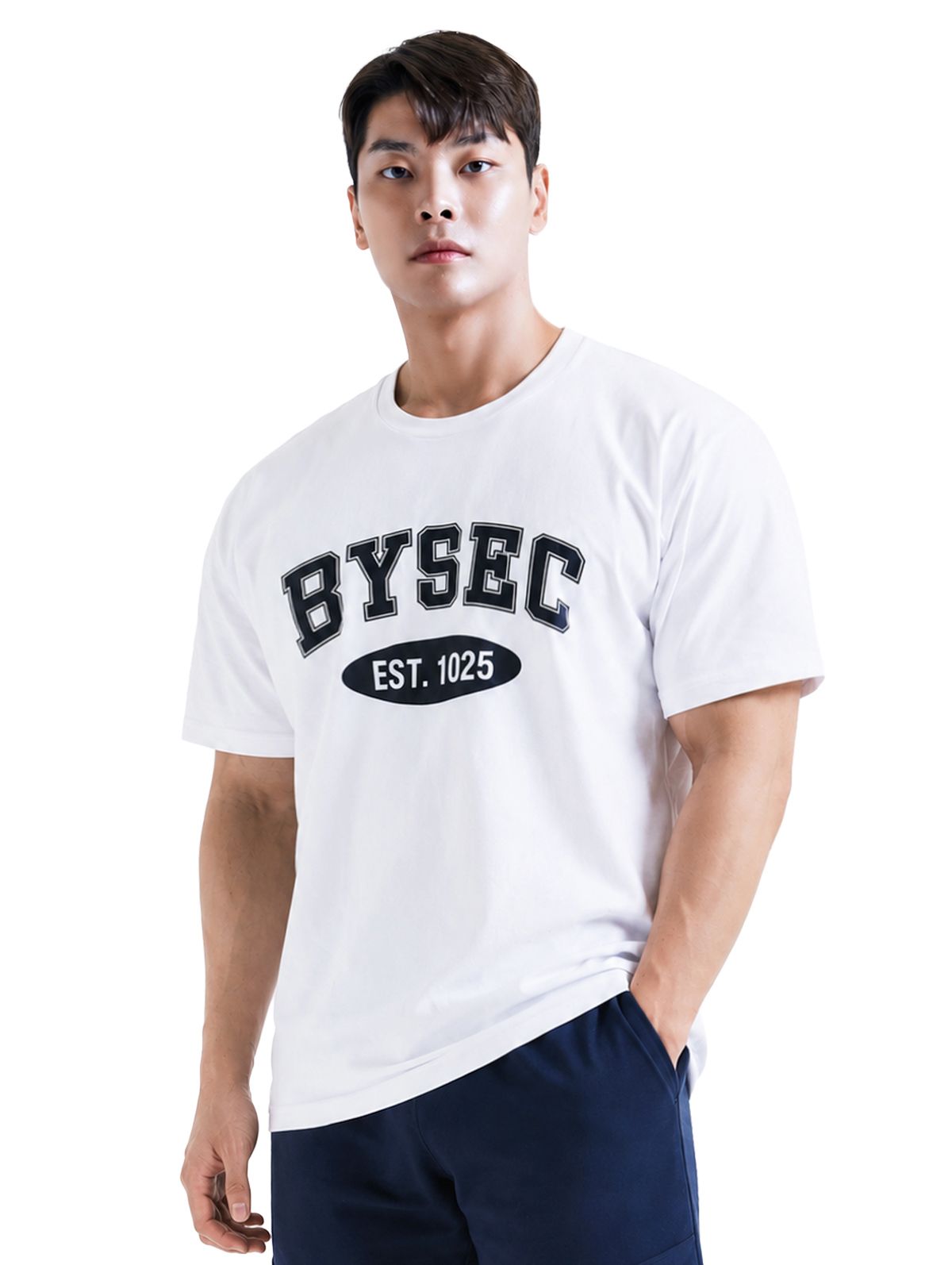 바이젝(BYSEC) 코튼 시그니처로고 세미오버핏 반팔 티셔츠_4Color