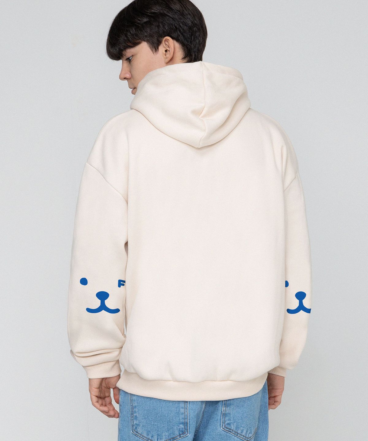 그레이버(GRAVER) [UNISEX]엘보우 퍼피 페이스 스마일 후드티_크림/블루 로고