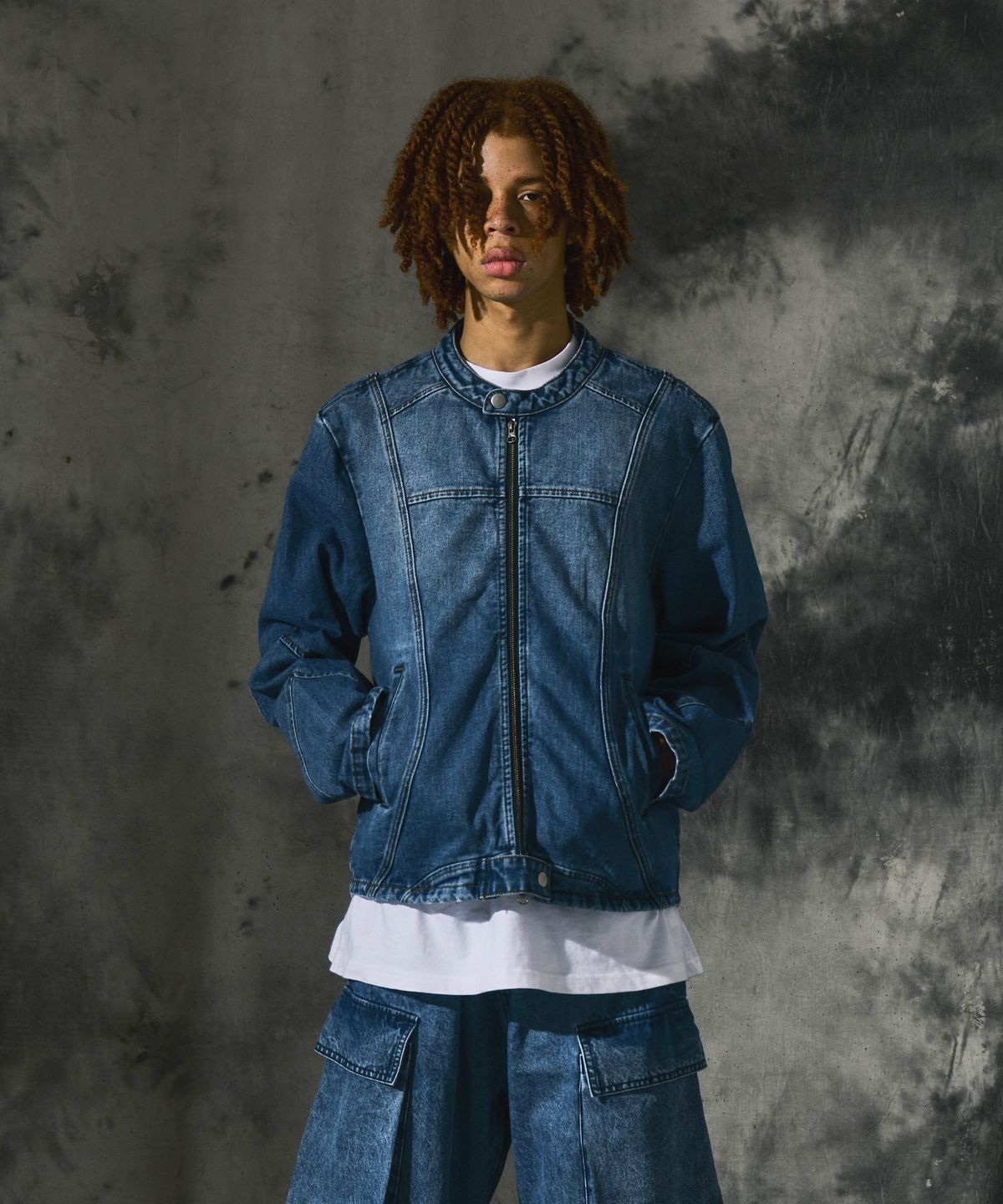 도미넌트(DOMINANT) Curved Biker Denim Jacket_Blue
