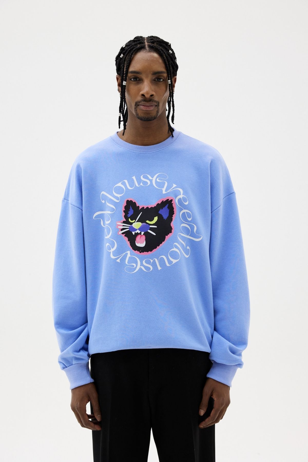 그리디어스(GREEDILOUS) Cat Print Loose Sweater Top Blue