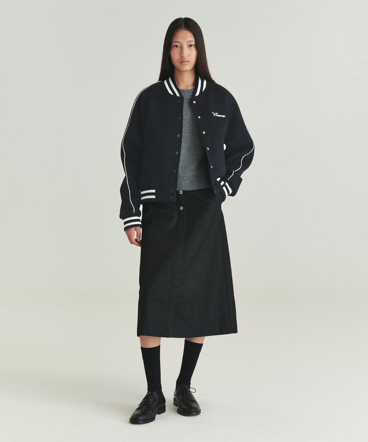 르바(LEVAR) Whenever Wool Varcity Jacket - Navy