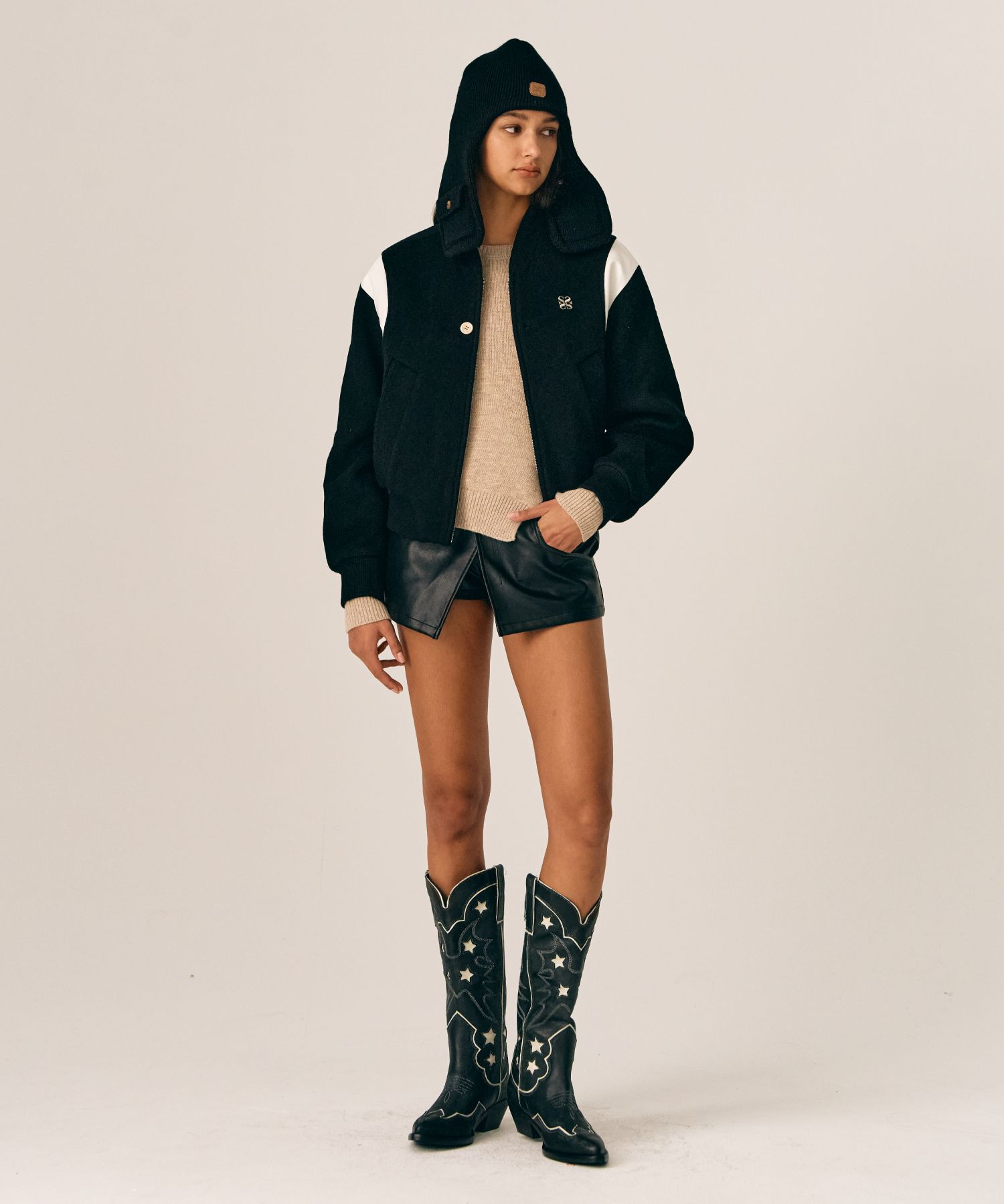 MUSINSA | SATUR (W) Percy Collarless Varsity Jacket Classic