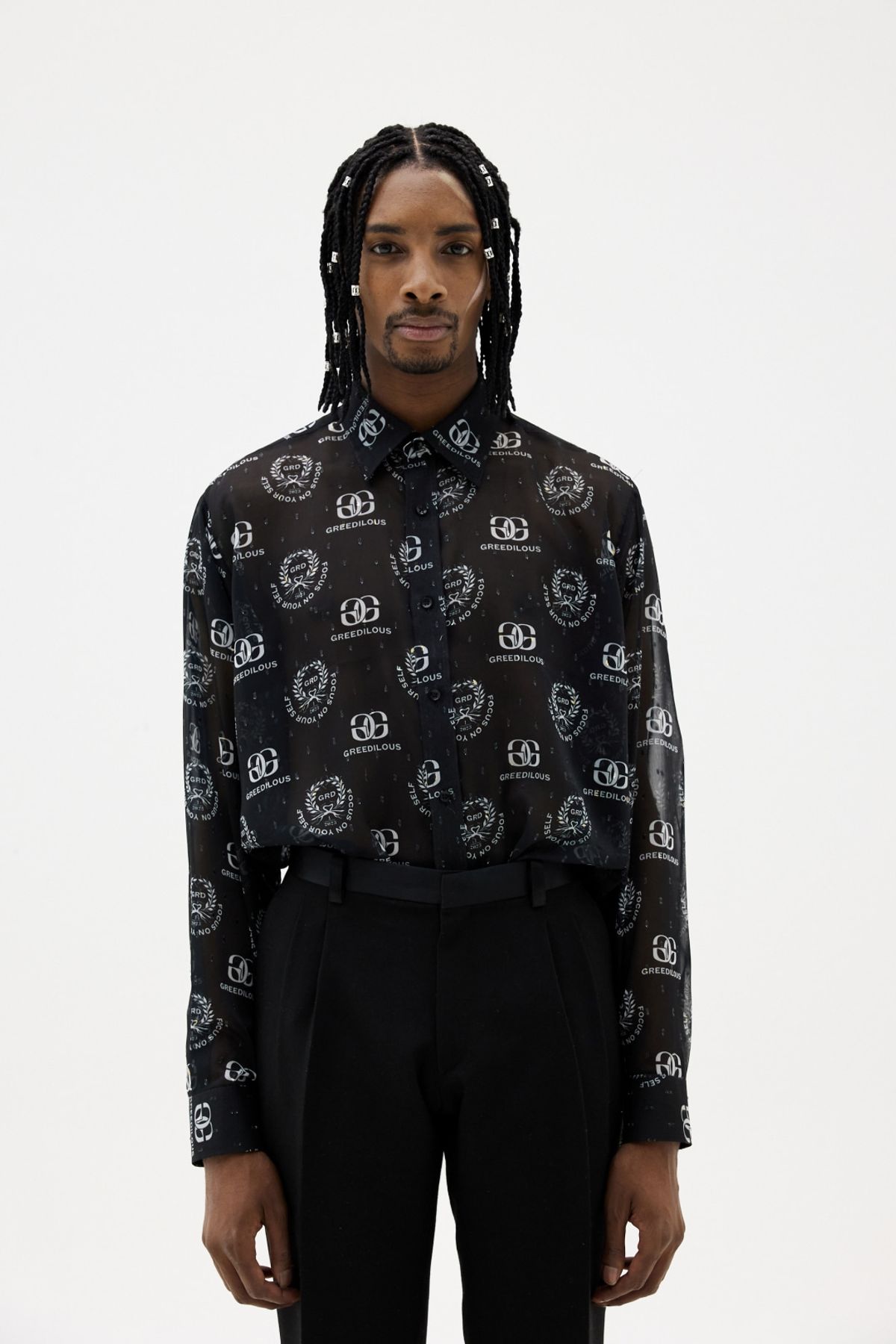 그리디어스(GREEDILOUS) Black Repeat Logo Sheer Blouse