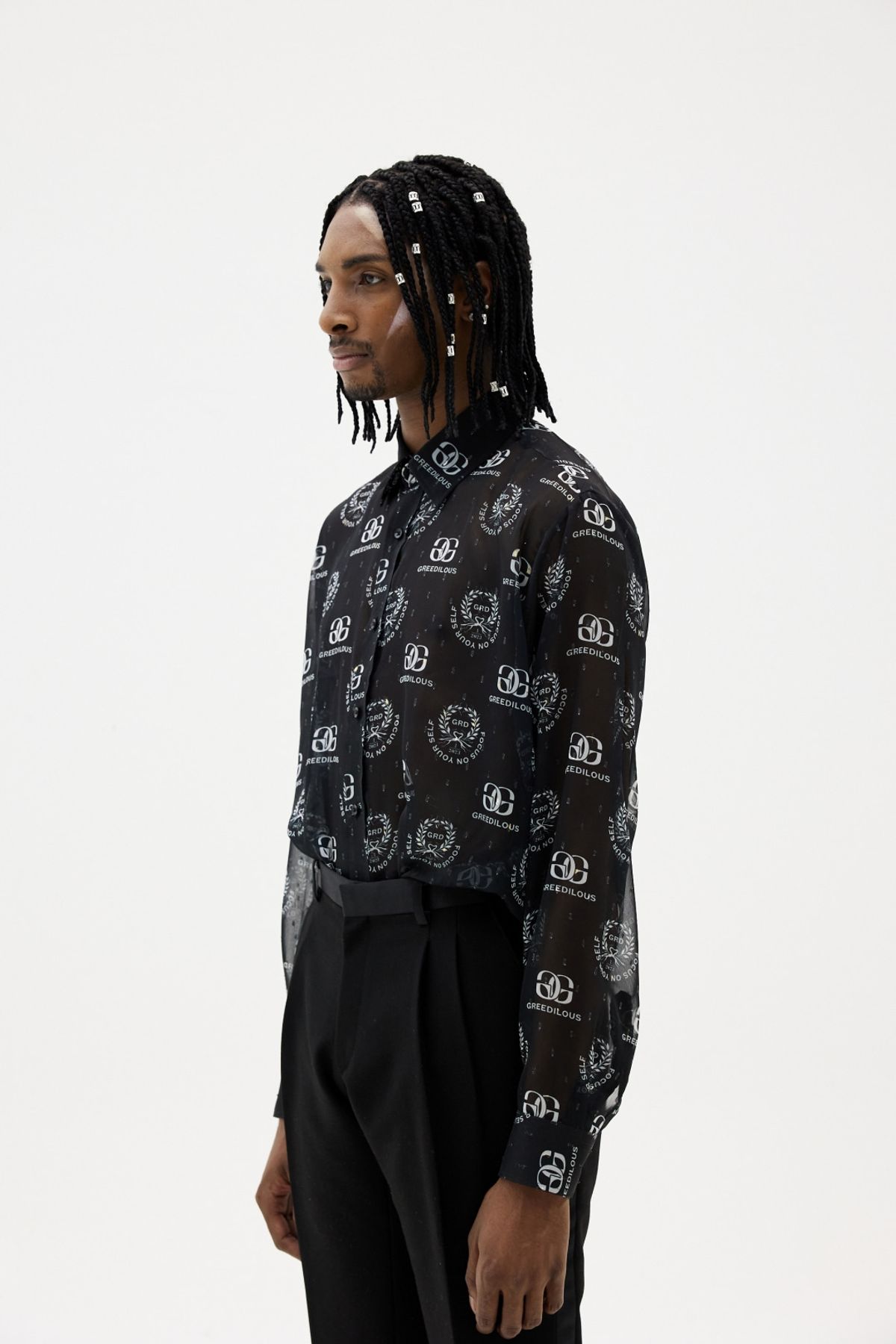 그리디어스(GREEDILOUS) Black Repeat Logo Sheer Blouse