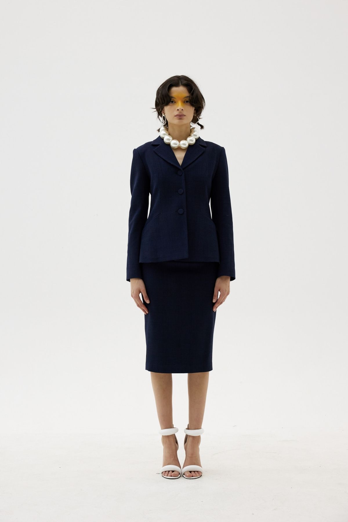 그리디어스(GREEDILOUS) Textured Suit-Like Pencil Skirt Navy