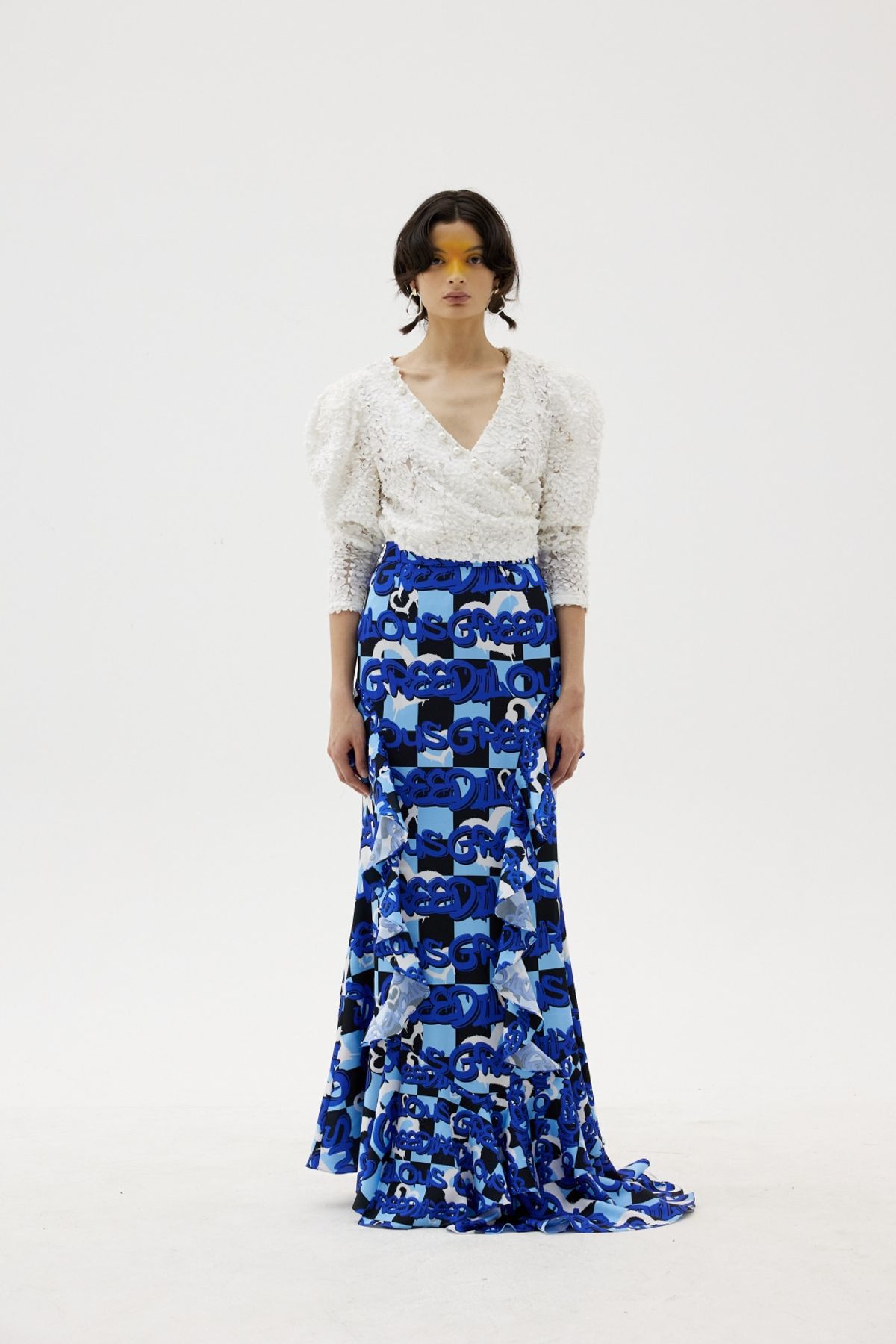 그리디어스(GREEDILOUS) Blue Logo Floor-Length Ruffle Skirt