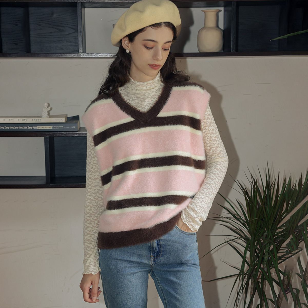 던드롭(DUNDROP) DD_Two-way sweater vest set mink top