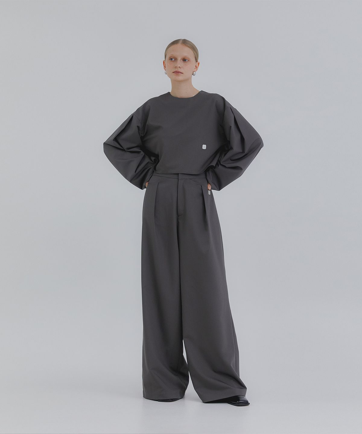 트리밍버드(TREEMINGBIRD) Crop Pintuck Set-up Blouse [ Charcoal Brown ]