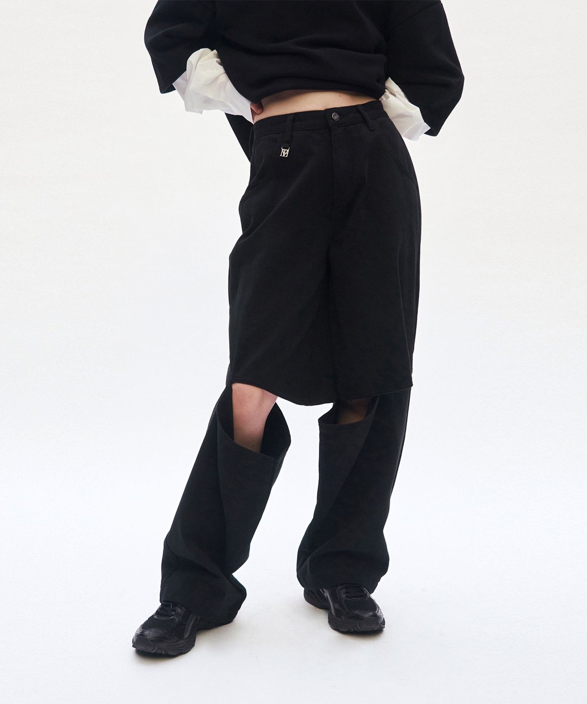 트리밍버드(TREEMINGBIRD) Knee Slit Wide Pants [ Black ]