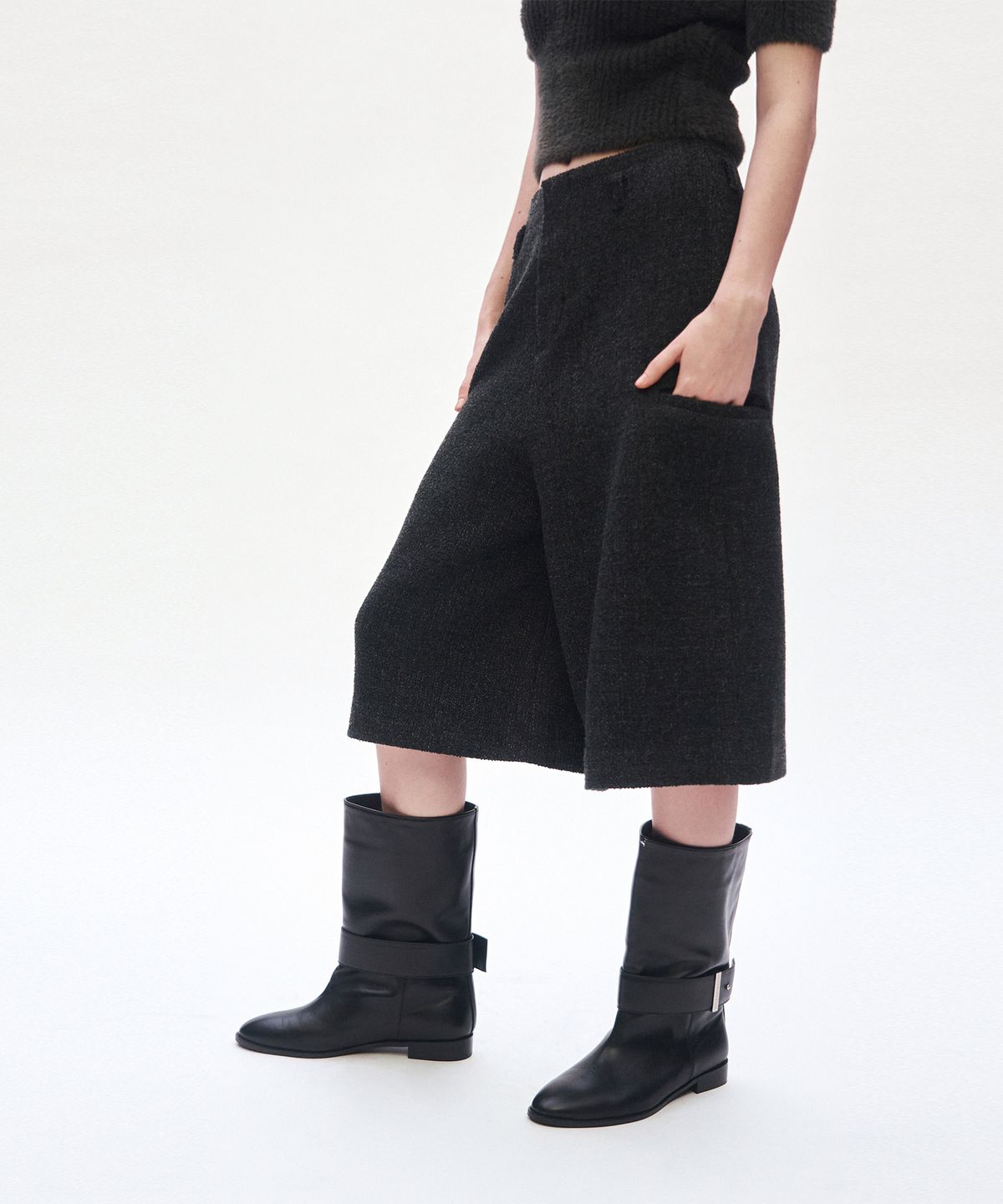 트리밍버드(TREEMINGBIRD) HANDMADE) Cowhide Belted Middle Boots [ Black ]