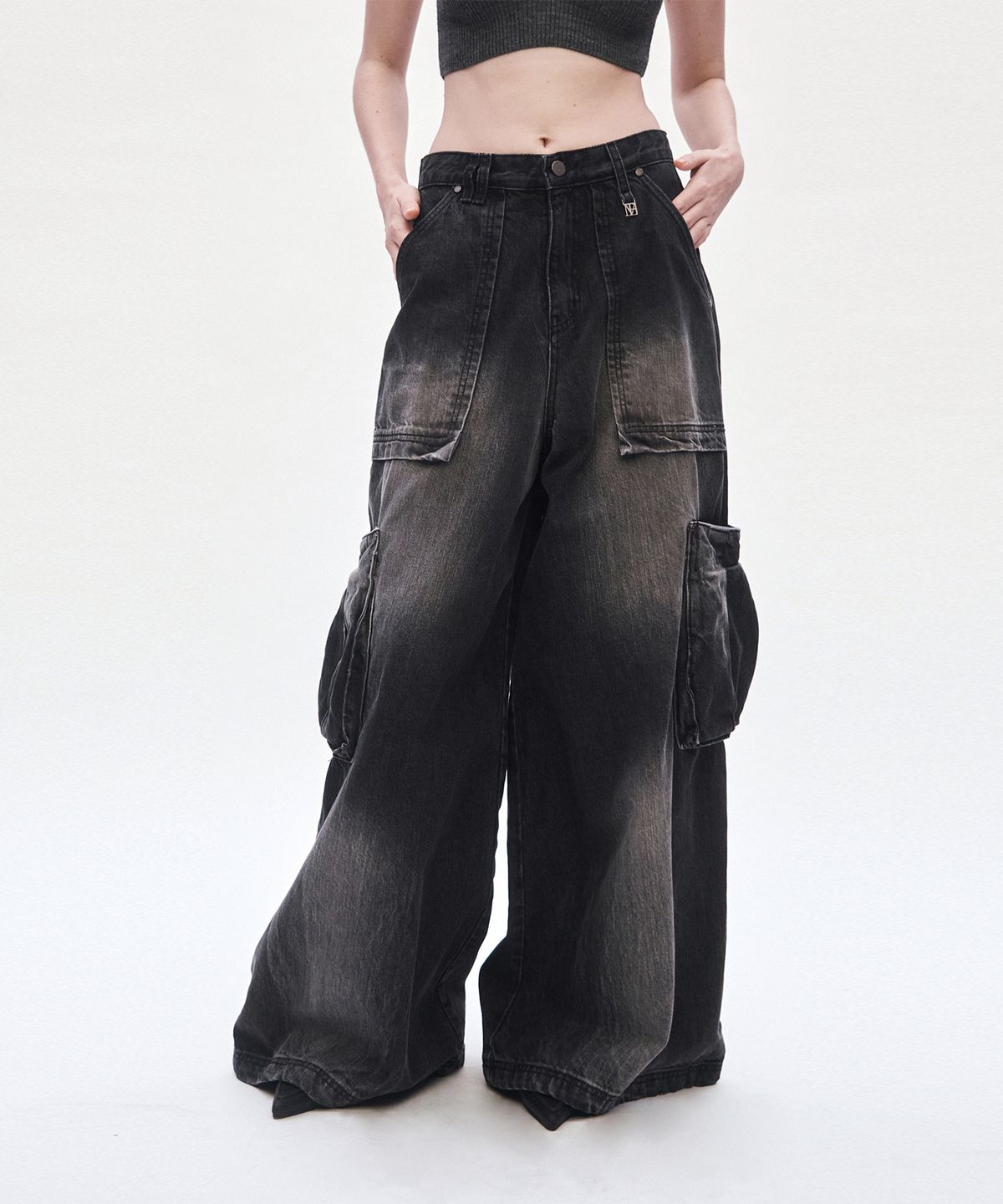 트리밍버드(TREEMINGBIRD) Denim Cargo Pants [ Black ]