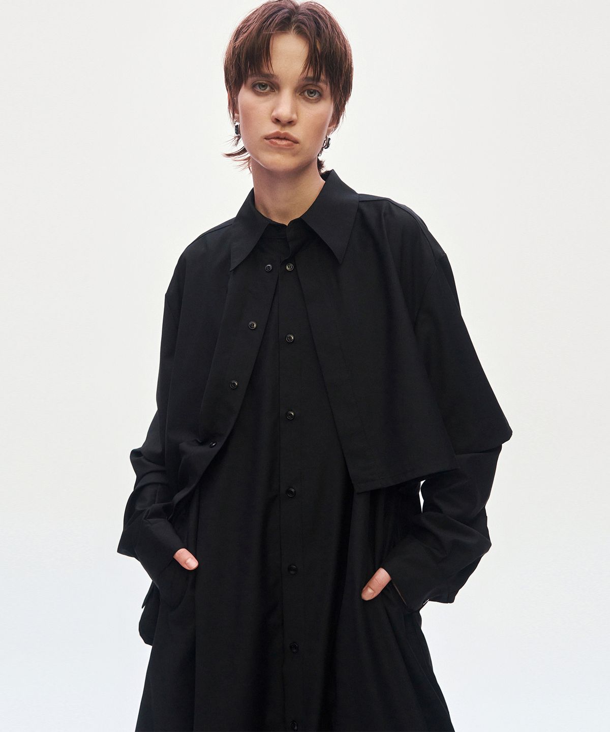 트리밍버드(TREEMINGBIRD) 3-way Layered Shirt One-piece [ Black ]