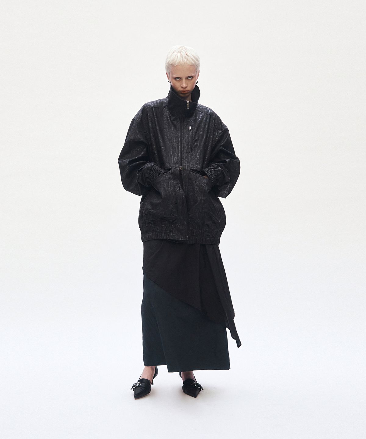 트리밍버드(TREEMINGBIRD) Layered Drape Skirt [ Charcoal Navy ]