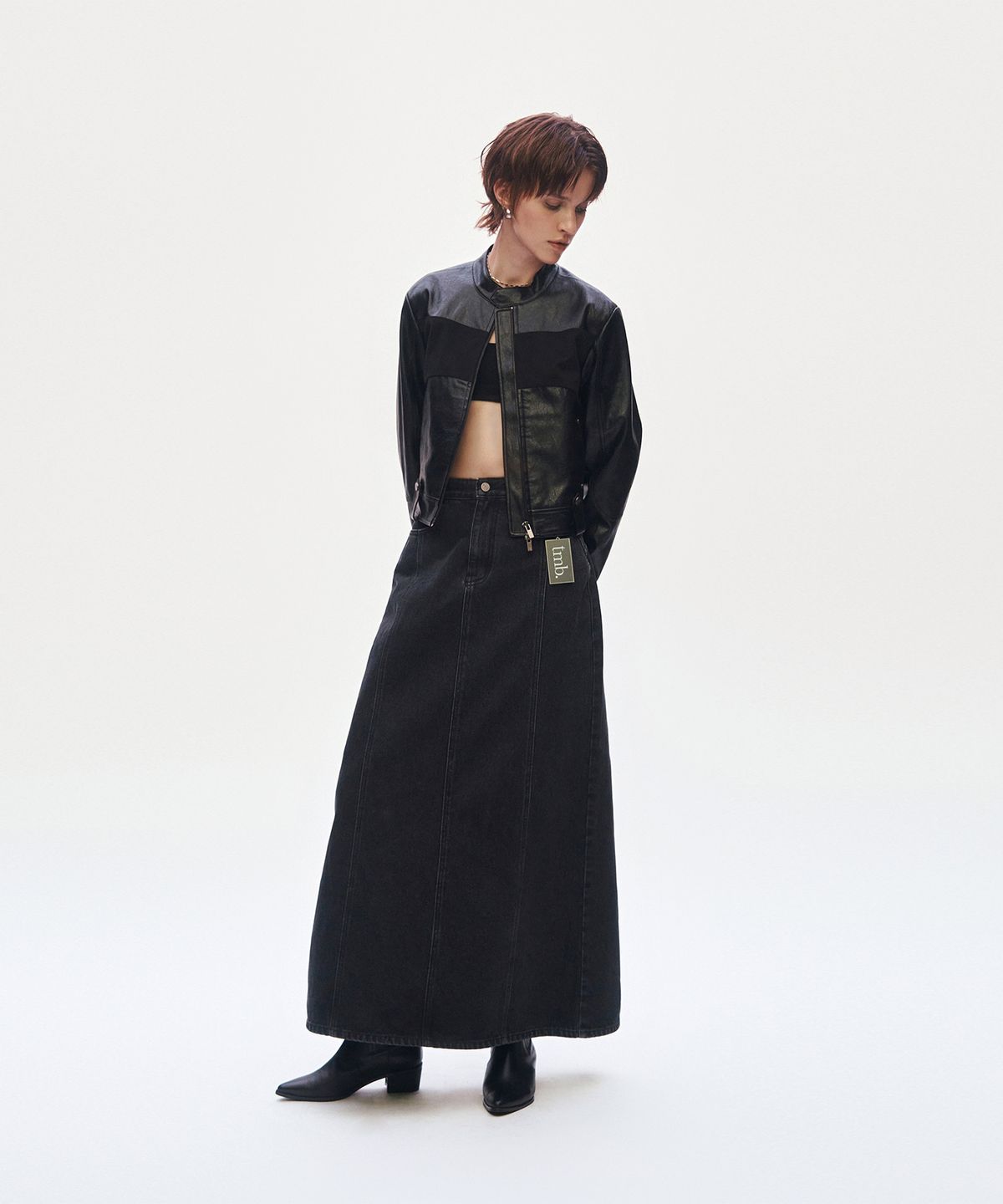 트리밍버드(TREEMINGBIRD) Incision Denim Set-up Skirt [ Black ]