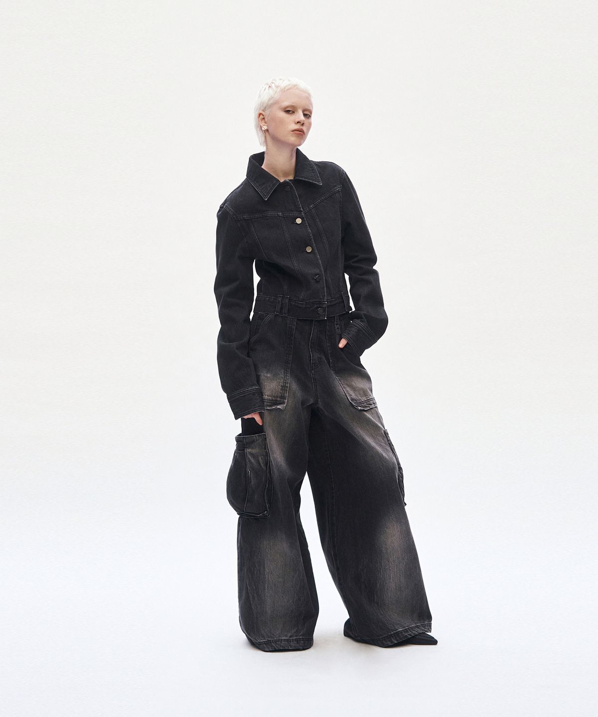 트리밍버드(TREEMINGBIRD) Incision Denim Set-up Jacket [ Black ]