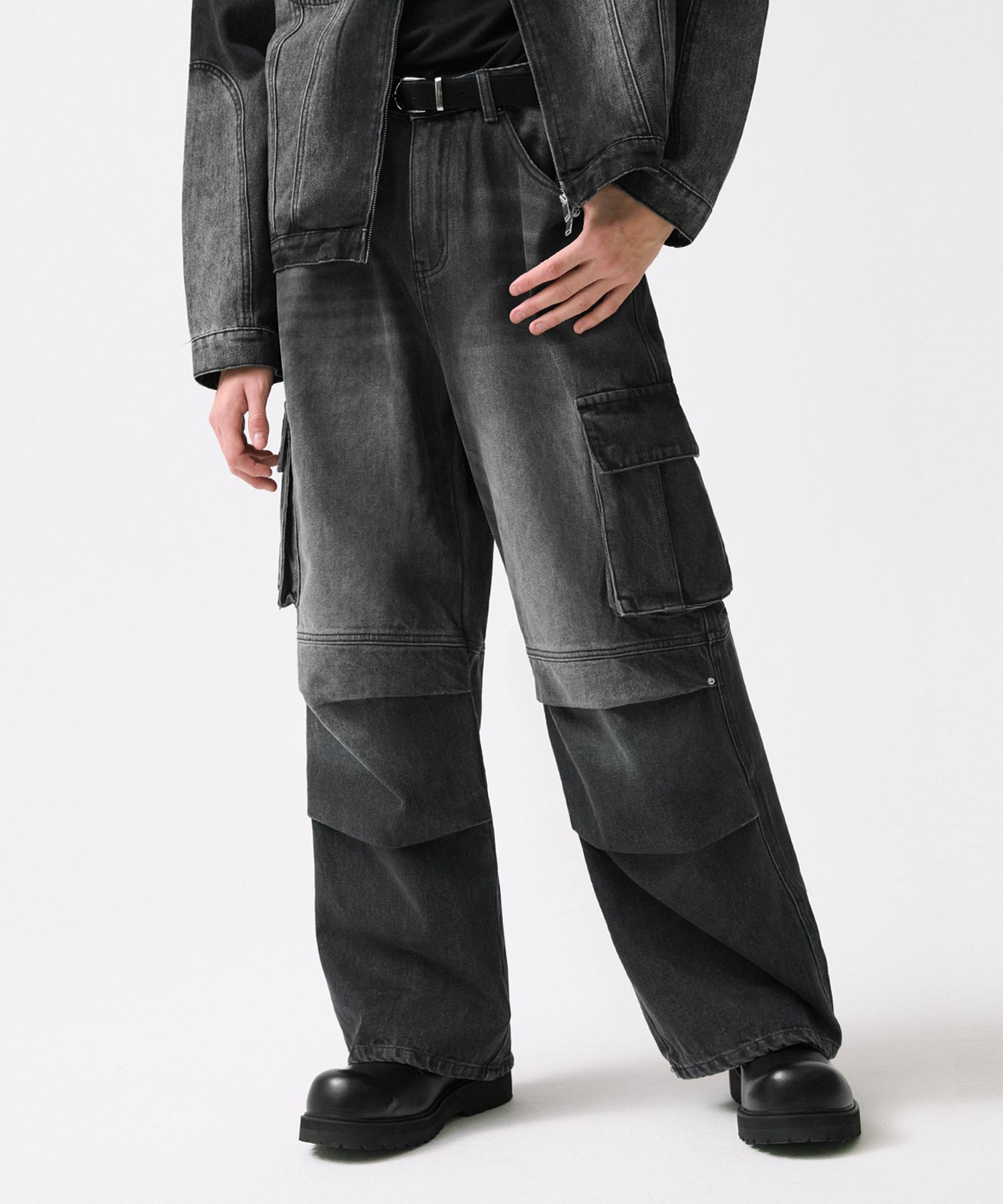 【U LAN】Western Rivet Parachute Denim Pants Parachute Denim - Black