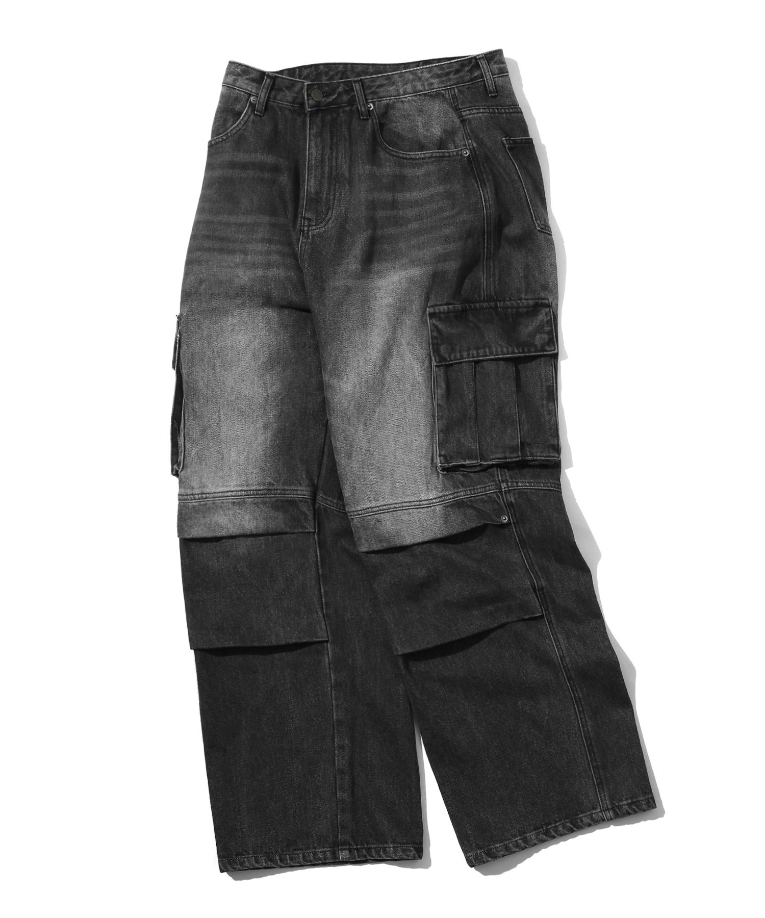MUSINSA | TRILLION Parachute Cargo Rivet Denim Pants (BLACK)