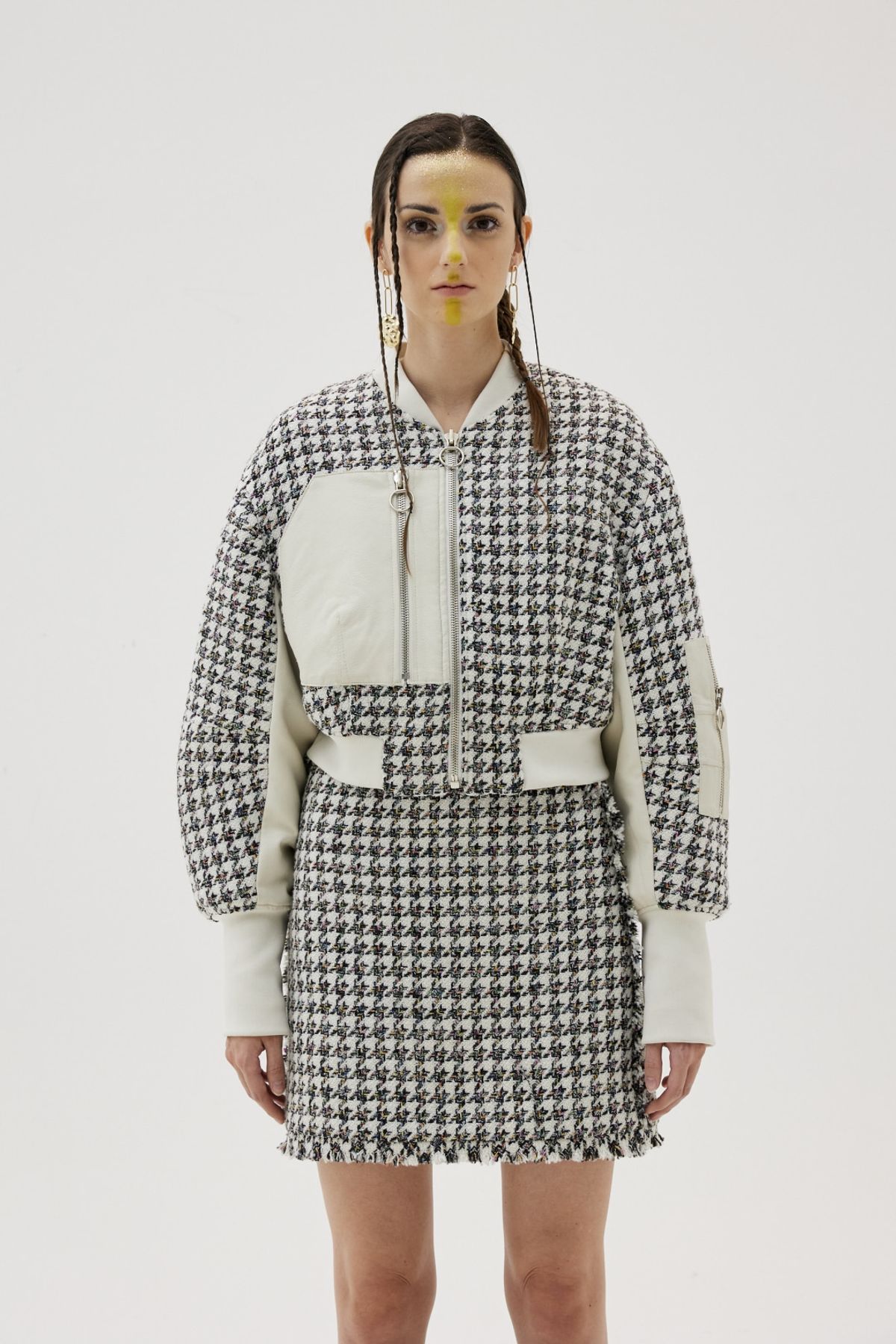 그리디어스(GREEDILOUS) Tweed And Leather Mini-Bomber