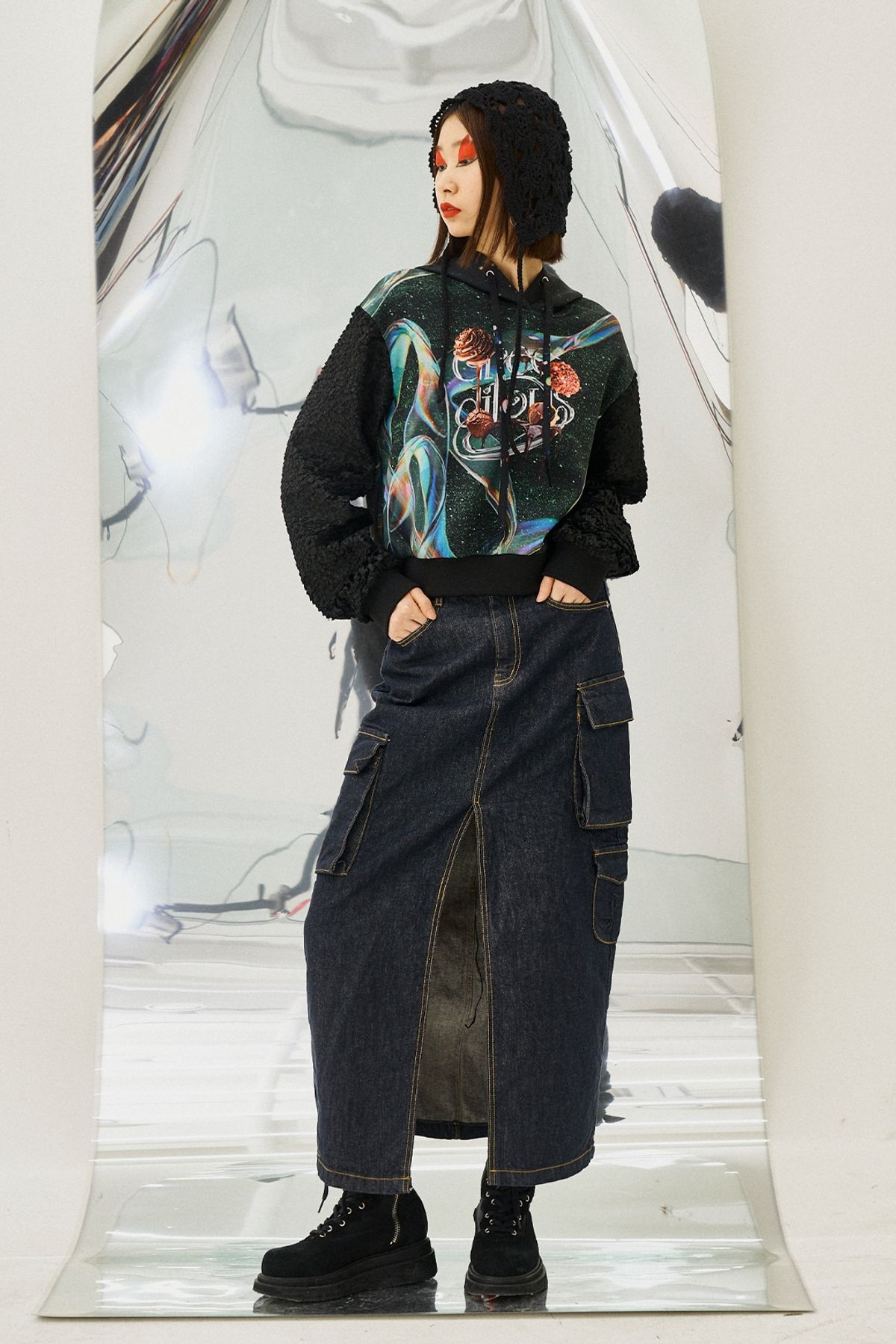 그리디어스(GREEDILOUS) Cargo Pocket Midi H-Line Denim Skirt