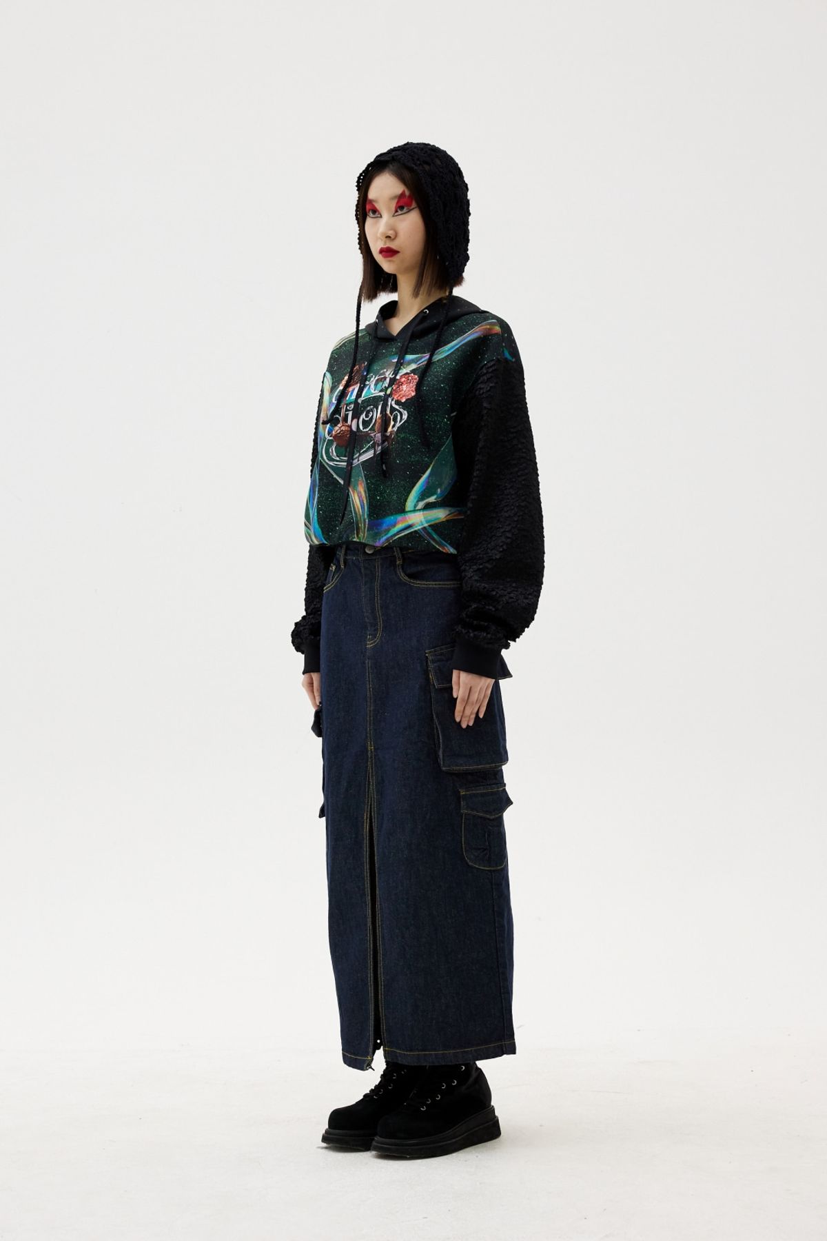 그리디어스(GREEDILOUS) Cargo Pocket Midi H-Line Denim Skirt