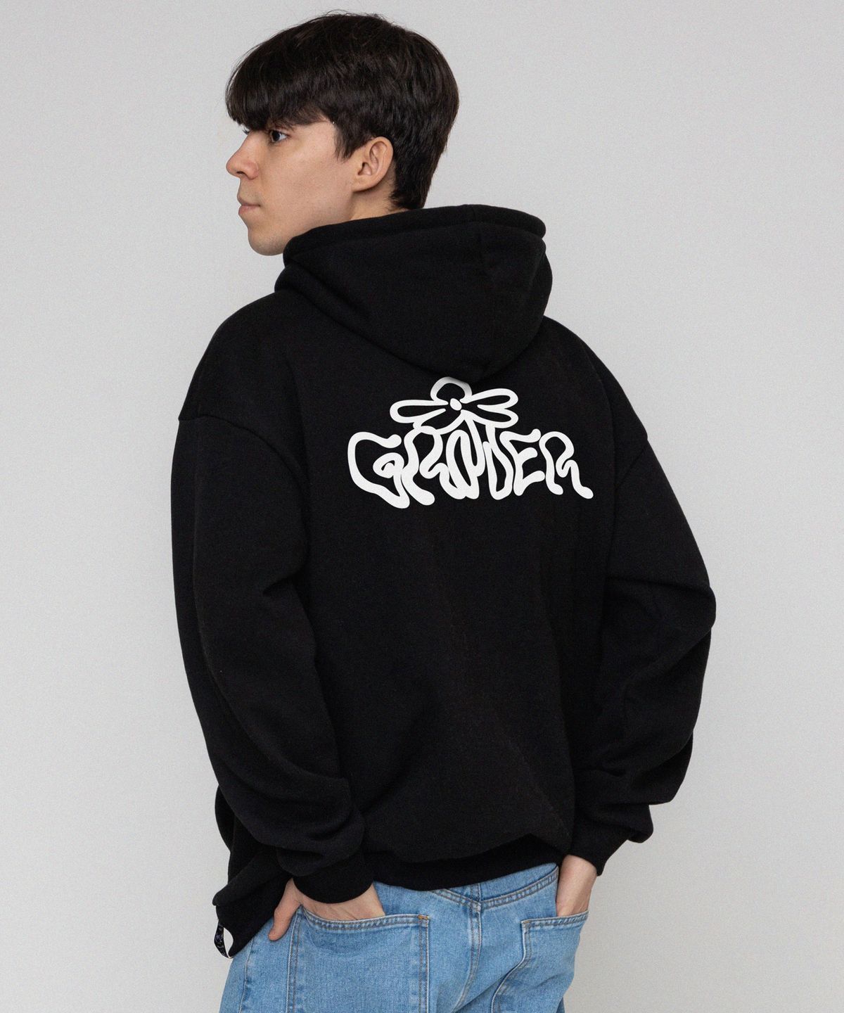 그레이버(GRAVER) [UNISEX]웨이브 로고 플라워 후드티_블랙