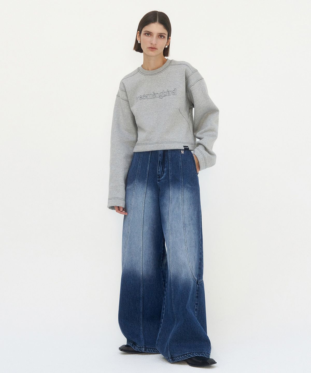 트리밍버드(TREEMINGBIRD) Stitched Semi-Cropped Tee [ Gray ]