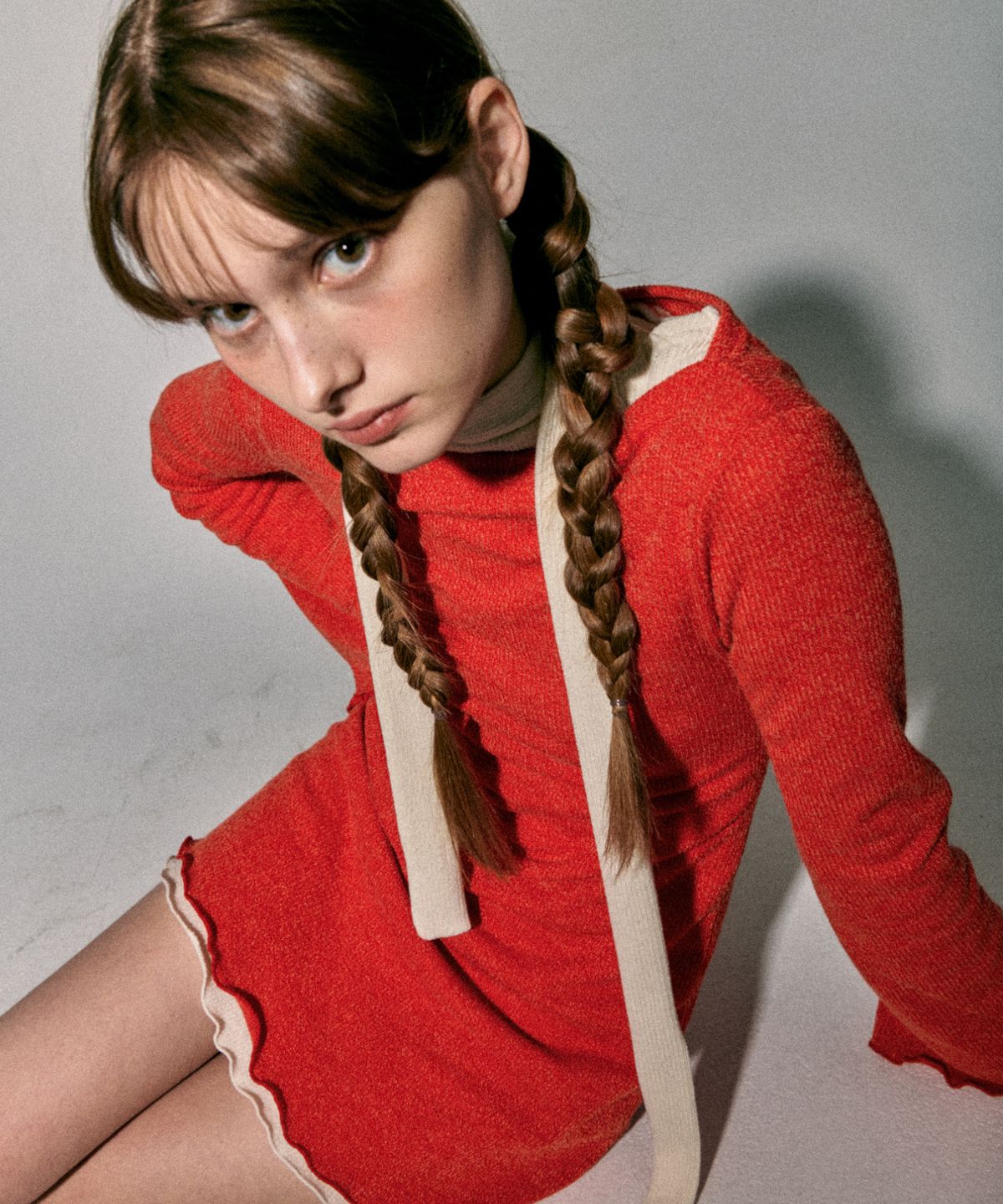 꾸아페(QUAFE) KNIT ONEPIECE & MUFFLER SET_RED ORANGE