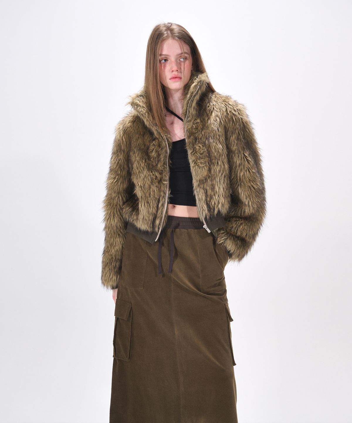 에트몽(ETMON) Flare Cargo Long Skirt, Khaki Brown