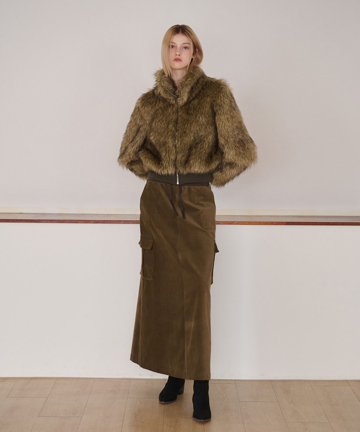 에트몽(ETMON) Flare Cargo Long Skirt, Khaki Brown